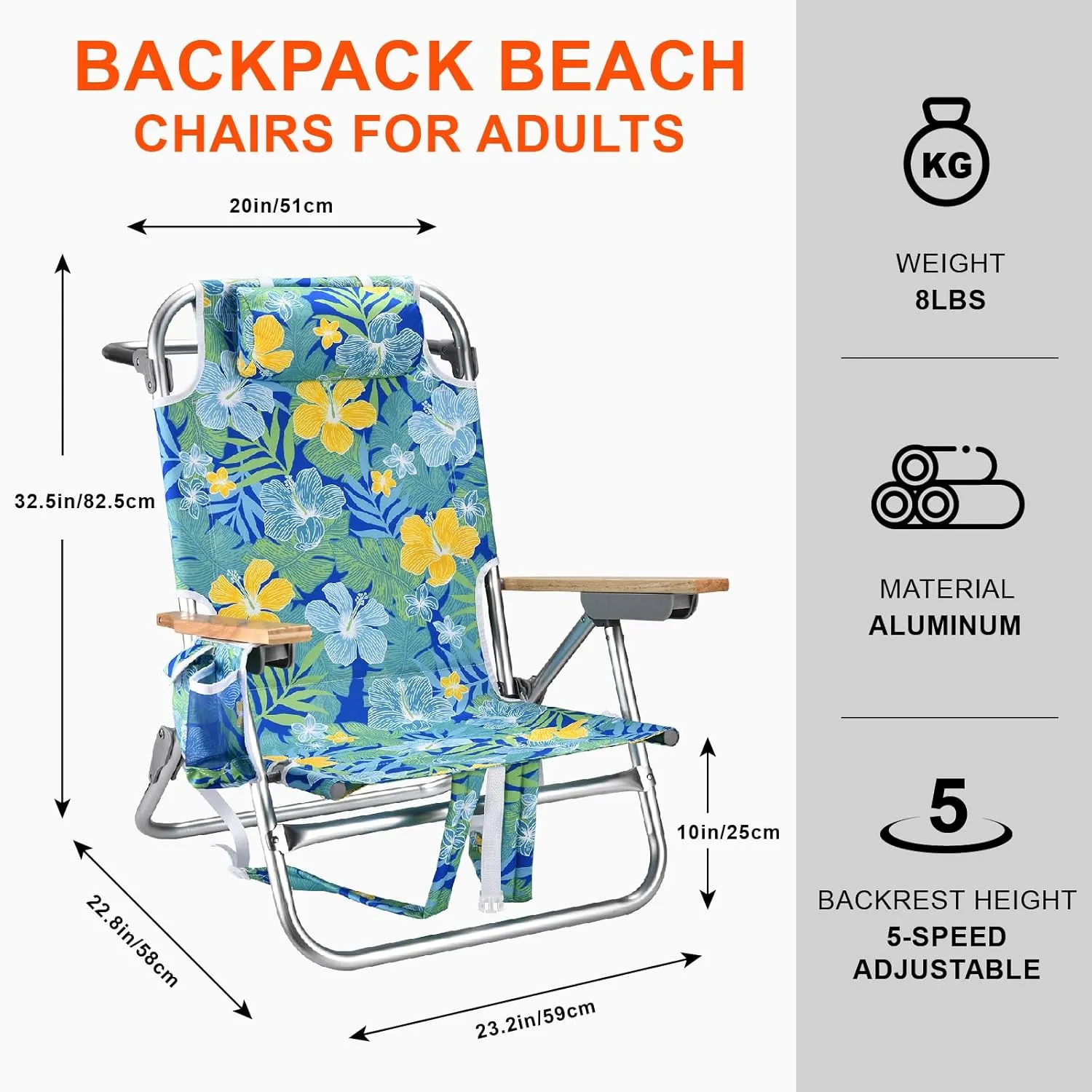 Backpack Beach Chairs for Adults Capacity 300 LBS Low 5 Position Beach Chair with Pouch Straps Folding Lightweight Reclining Aluminum Wide Lay Flat Single