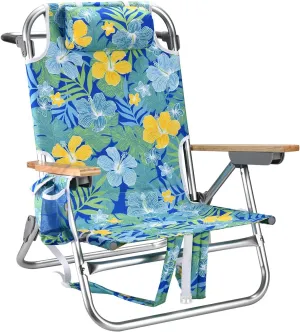 Backpack Beach Chairs for Adults Capacity 300 LBS Low 5 Position Beach Chair with Pouch Straps Folding Lightweight Reclining Aluminum Wide Lay Flat Single