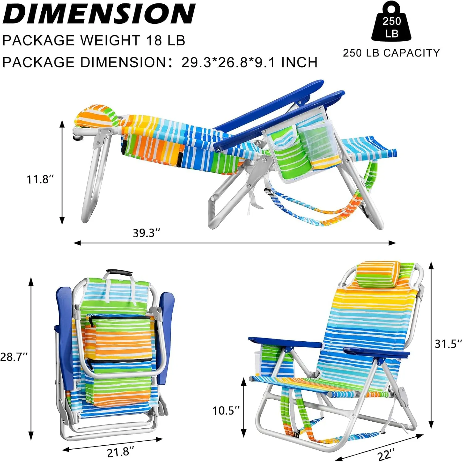 Backpack Beach Chairs for Adults - Folding Heavy Duty Camping Chair with Storage Pouch, Cup Holder & Towel Rack, Lightweight & Adjustable Lounge Chair for Outdoor,Travel (2 Packs/Rainbow)