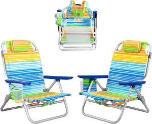 Backpack Beach Chairs for Adults - Folding Heavy Duty Camping Chair with Storage Pouch, Cup Holder & Towel Rack, Lightweight & Adjustable Lounge Chair for Outdoor,Travel (2 Packs/Rainbow)