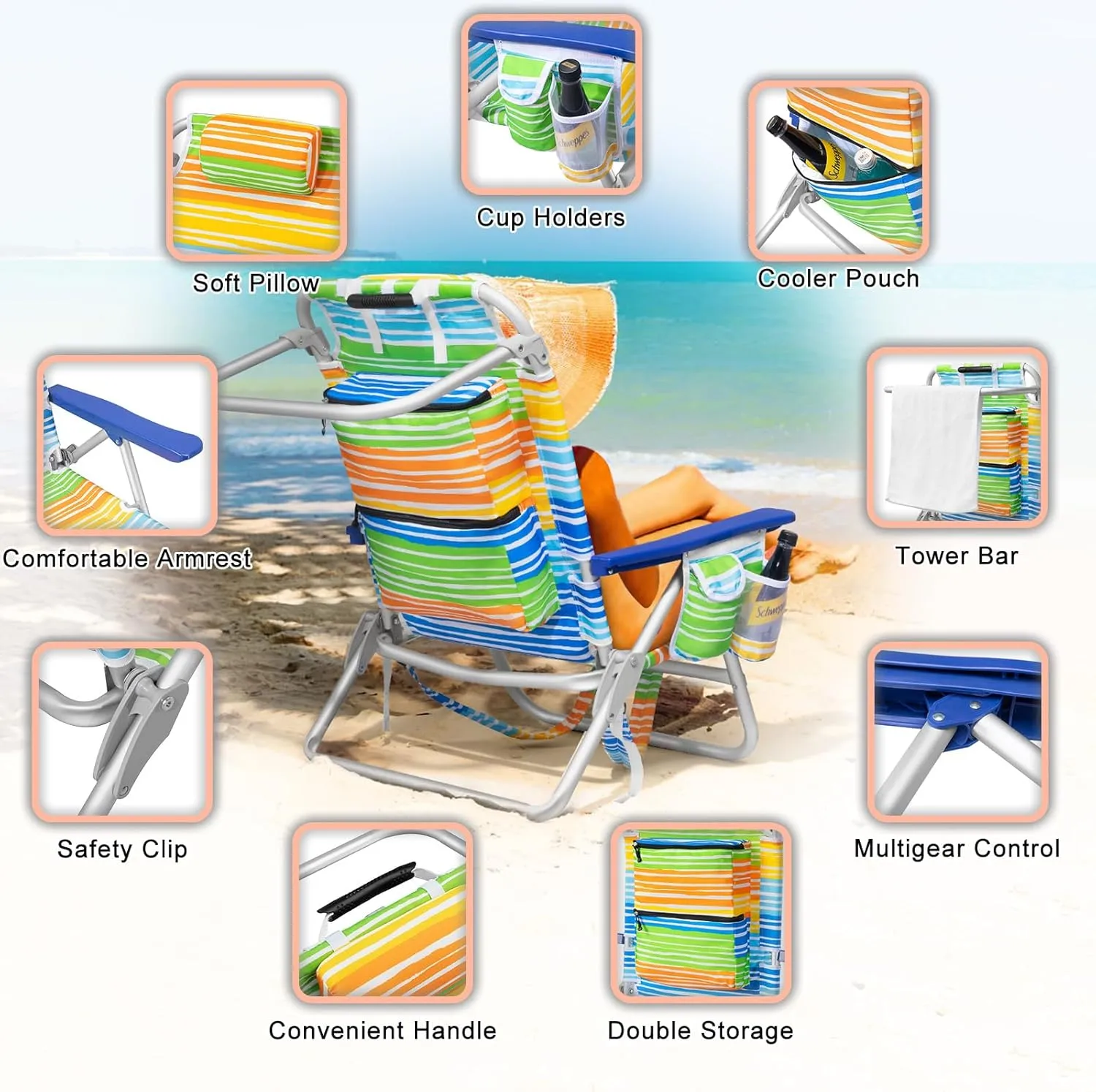 Backpack Beach Chairs for Adults - Folding Heavy Duty Camping Chair with Storage Pouch, Cup Holder & Towel Rack, Lightweight & Adjustable Lounge Chair for Outdoor,Travel (2 Packs/Rainbow)