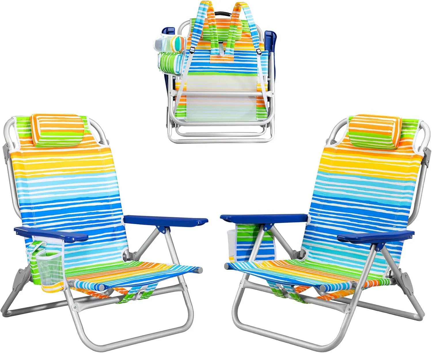 Backpack Beach Chairs for Adults - Folding Heavy Duty Camping Chair with Storage Pouch, Cup Holder & Towel Rack, Lightweight & Adjustable Lounge Chair for Outdoor,Travel (2 Packs/Rainbow)