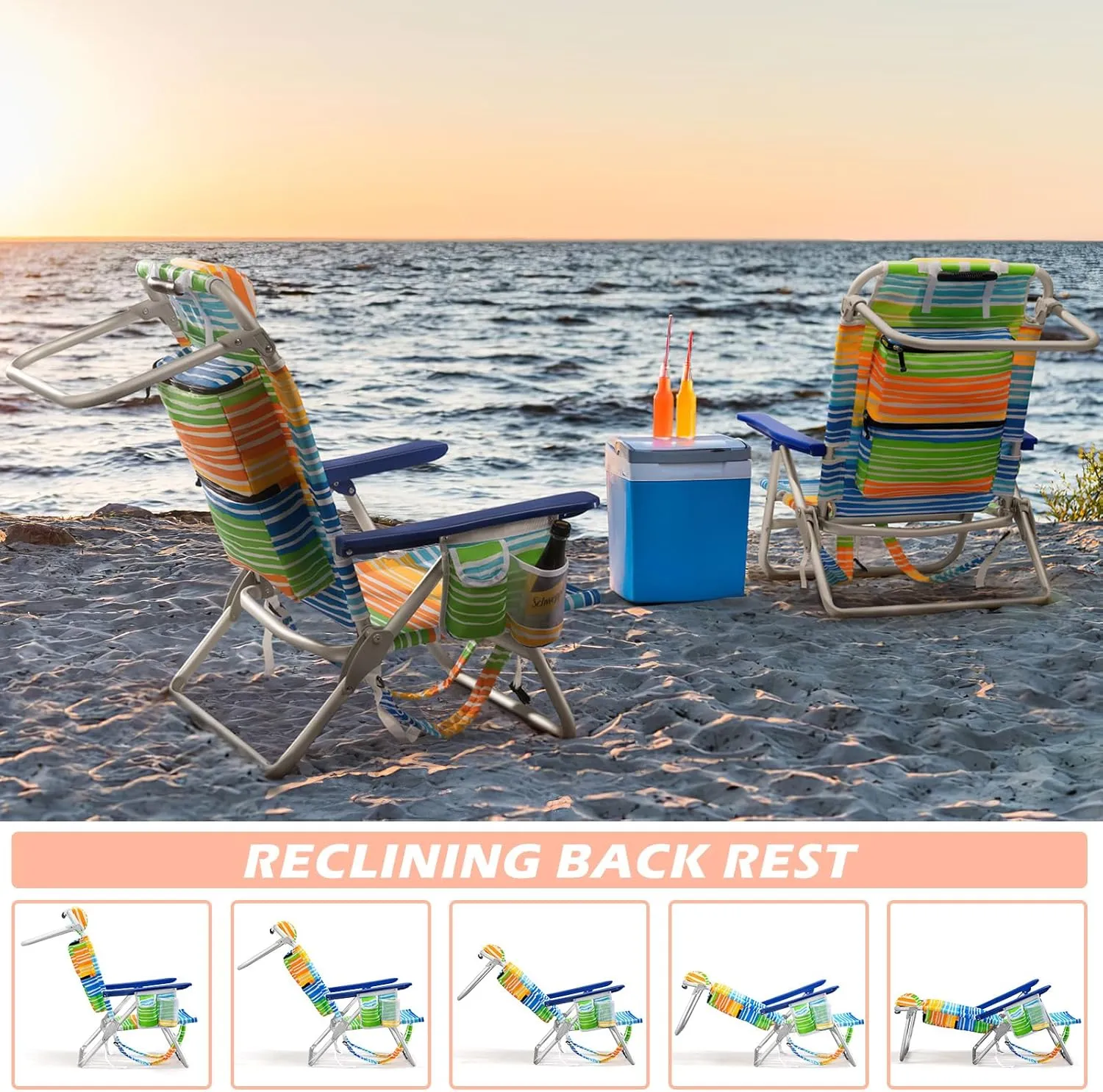 Backpack Beach Chairs for Adults - Folding Heavy Duty Camping Chair with Storage Pouch, Cup Holder & Towel Rack, Lightweight & Adjustable Lounge Chair for Outdoor,Travel (2 Packs/Rainbow)