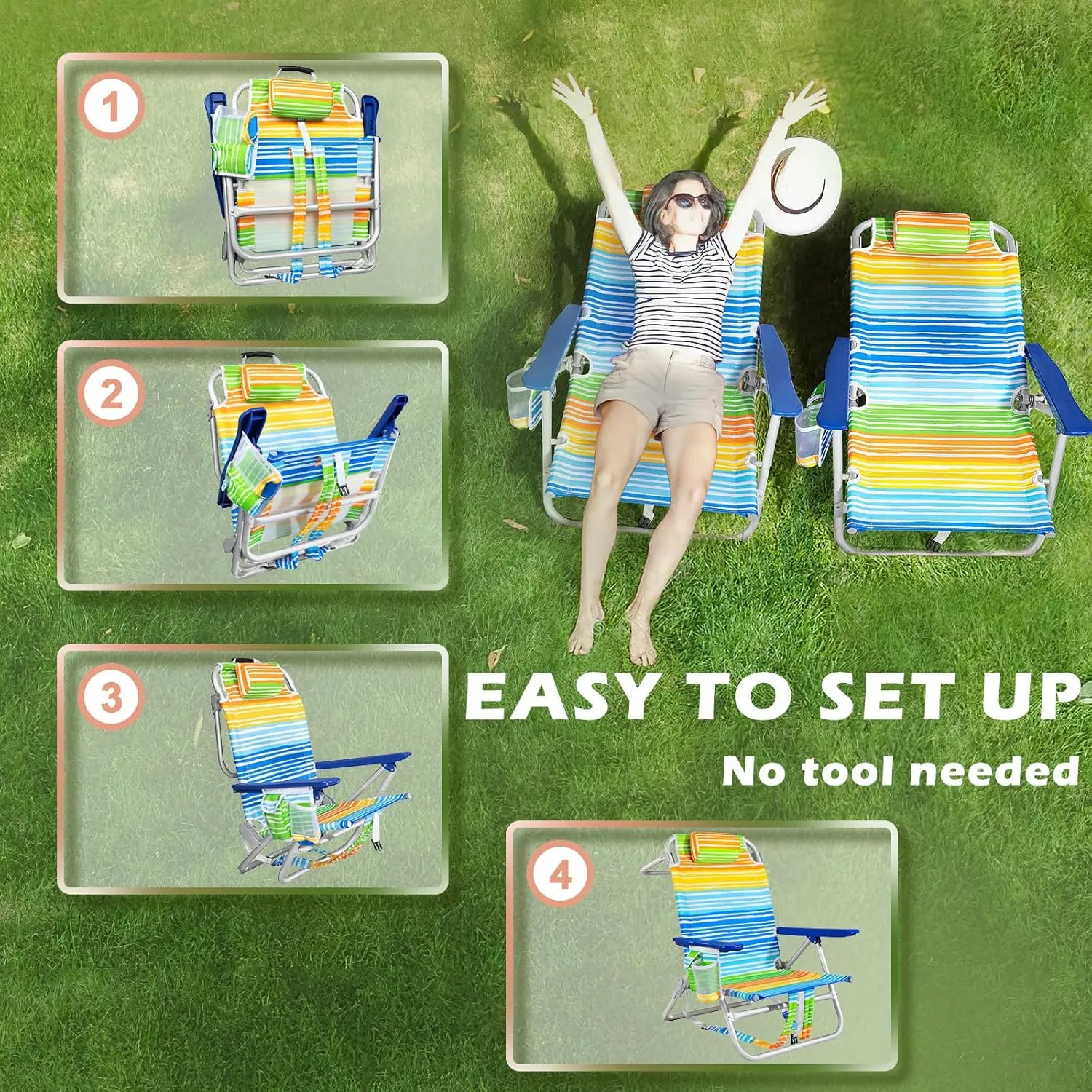 Backpack Beach Chairs for Adults - Folding Heavy Duty Camping Chair with Storage Pouch, Cup Holder & Towel Rack, Lightweight & Adjustable Lounge Chair for Outdoor,Travel (2 Packs/Rainbow)