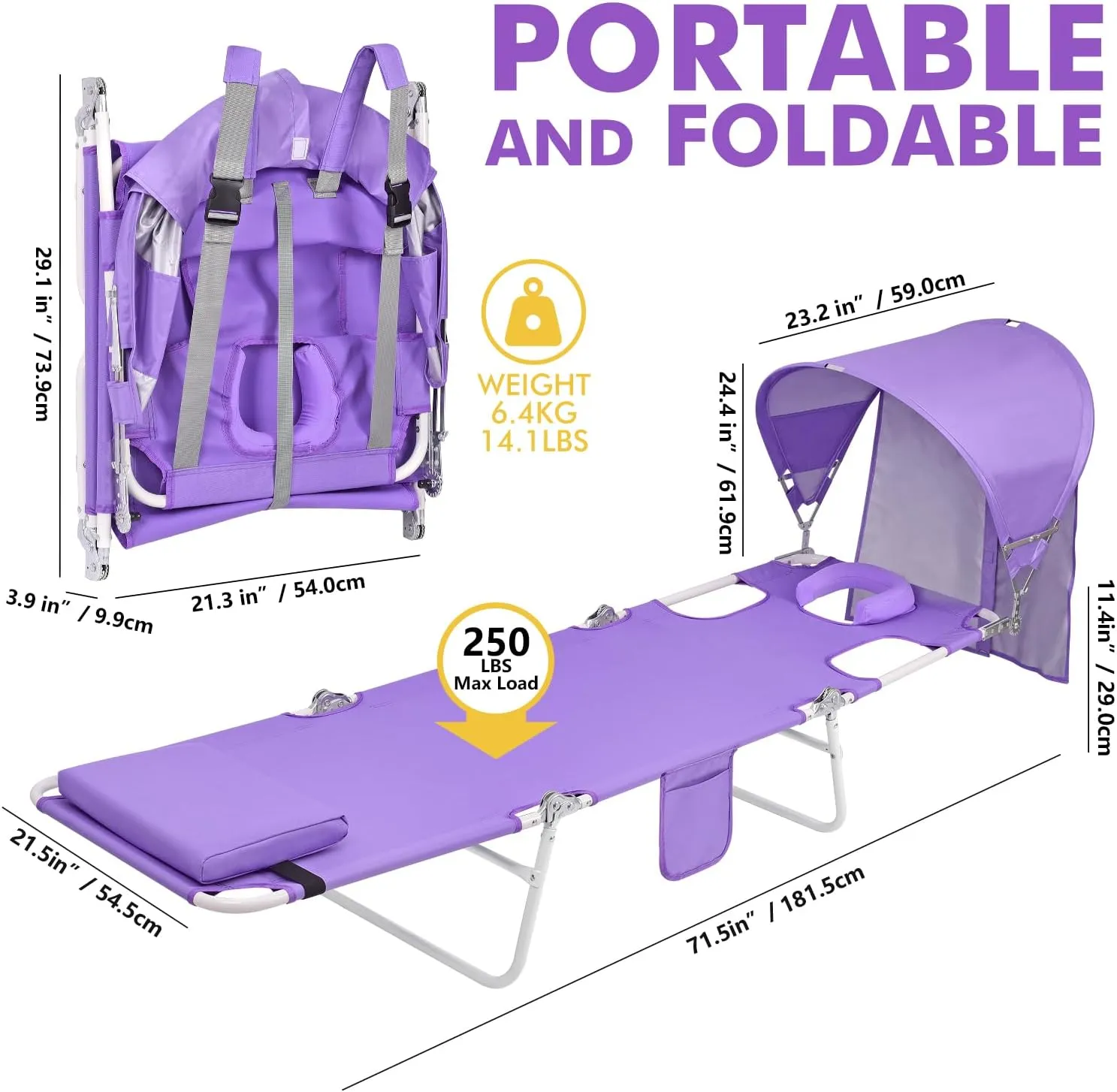 Backpack Beach Tanning Chair with Canopy Sun Shade & Face Hole, 6 Position Folding Lounge Sun Chair for Adults Outside Reading Sunbathing Poolside Camping Lawn, UPF 50 , 2 Pack, Patent Design