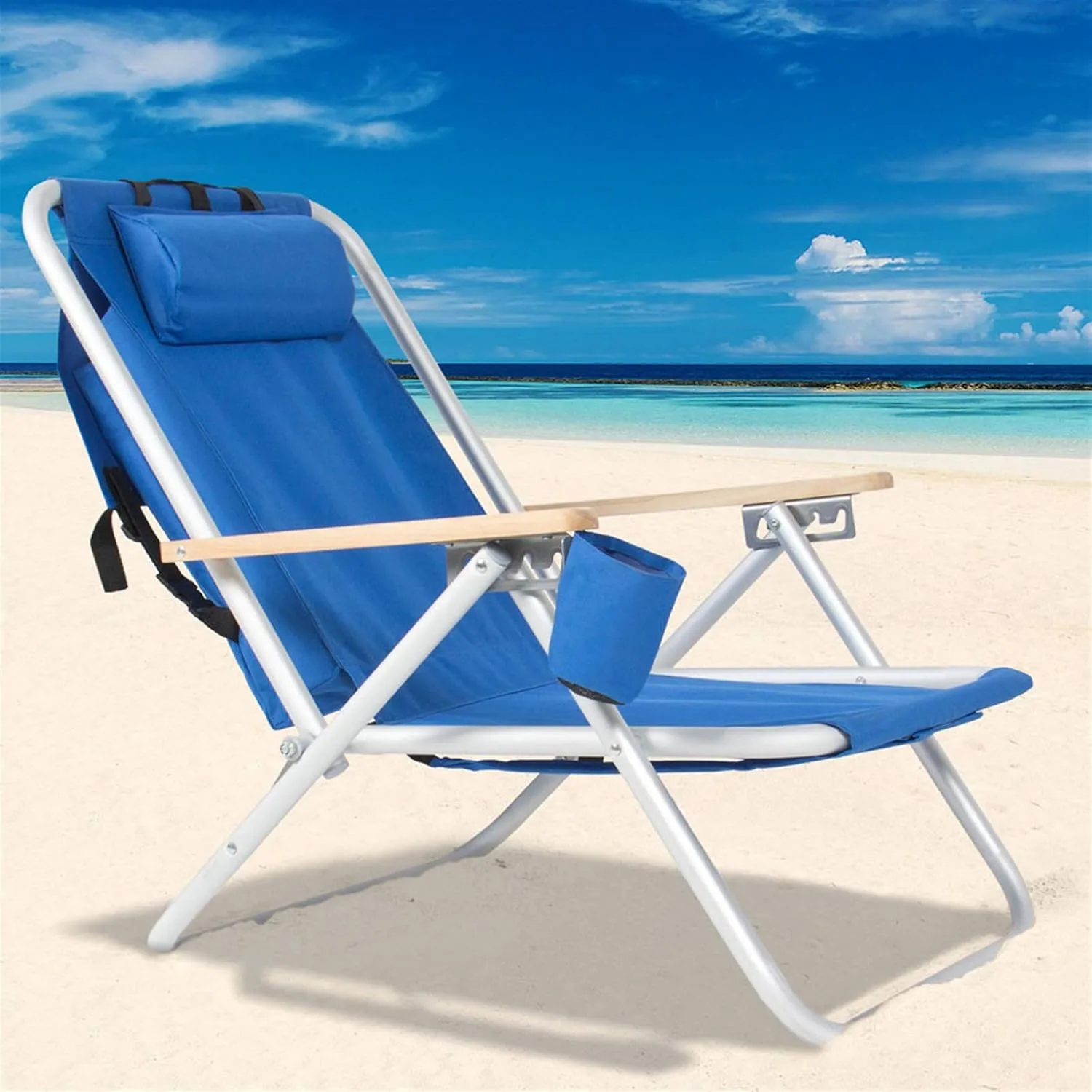Backpack Folding Lounge Chair, Portable High Strength Beach Chair with Cup Holder, Adjustable Angle and Headrest, Ideal for Camping, Fishing, Outdoor Sports, Beach Trips, 220 Lbs Capacity (1 Pack)