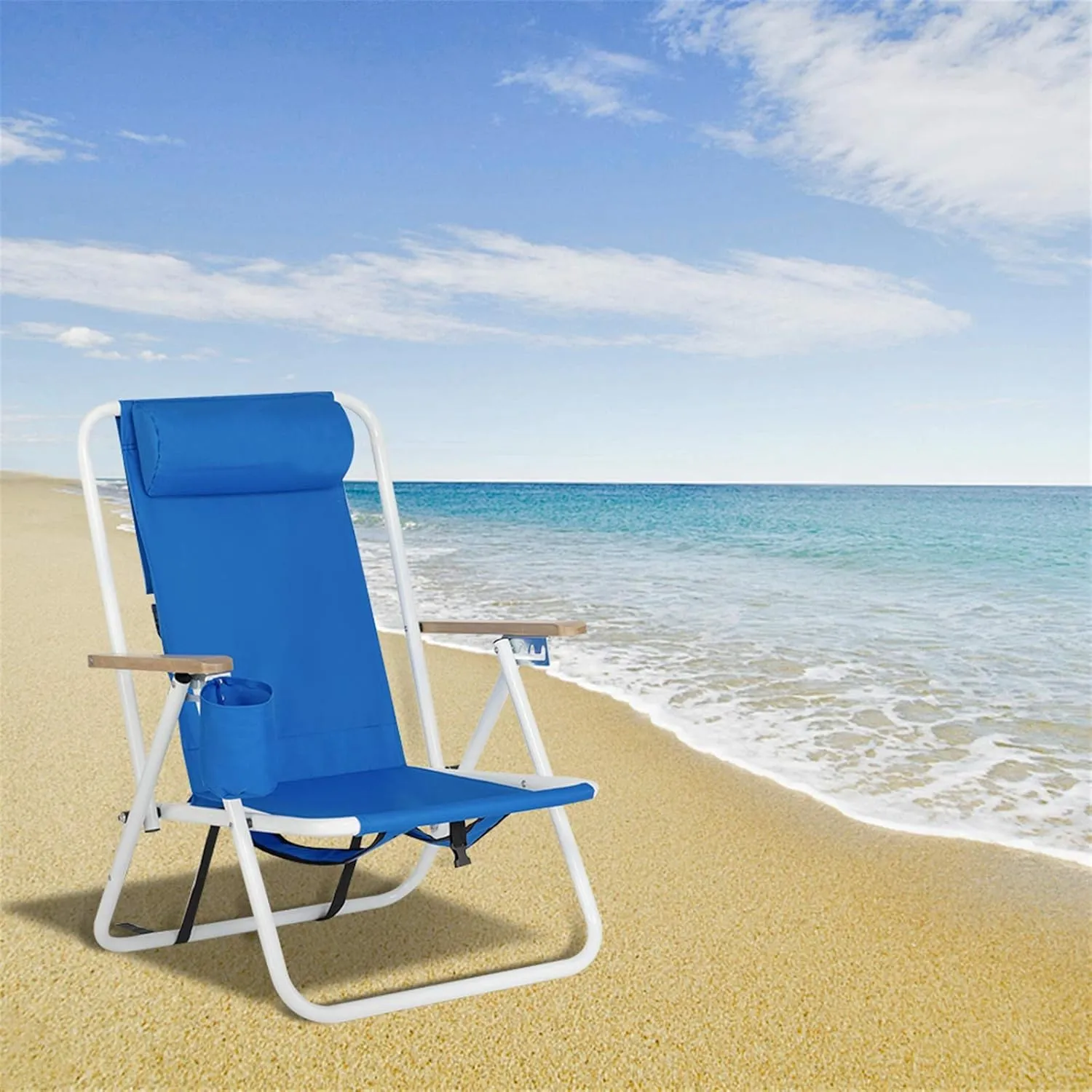 Backpack Folding Lounge Chair, Portable High Strength Beach Chair with Cup Holder, Adjustable Angle and Headrest, Ideal for Camping, Fishing, Outdoor Sports, Beach Trips, 220 Lbs Capacity (1 Pack)
