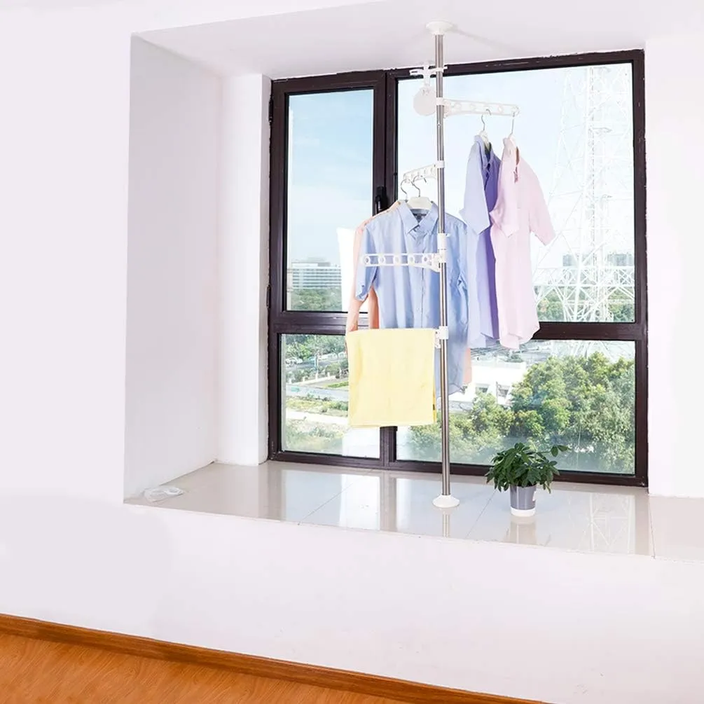BAOYOUNI 4-Tier Standing Clothes Garment Drying Rack Laundry Coat Storage Rod Organizer Balcony Windowsill Adjustable Metal Corner Plant Hanger Tension Pole Rail Space Saving, Ivory