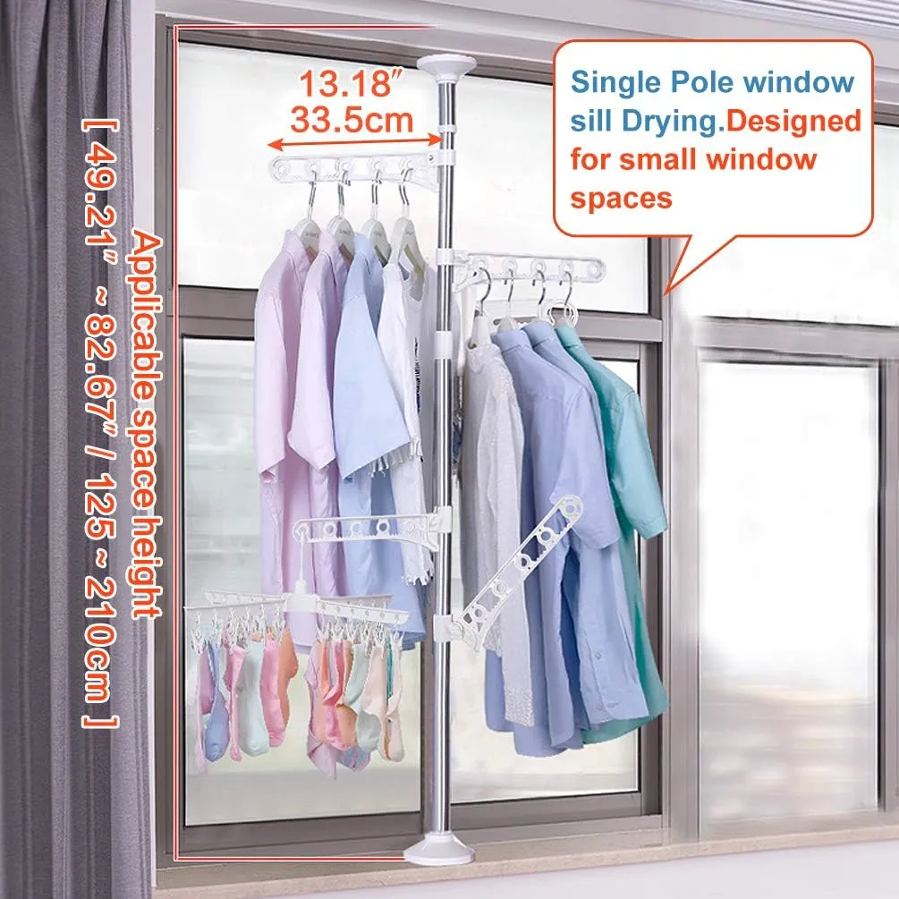 BAOYOUNI 4-Tier Standing Clothes Garment Drying Rack Laundry Coat Storage Rod Organizer Balcony Windowsill Adjustable Metal Corner Plant Hanger Tension Pole Rail Space Saving, Ivory