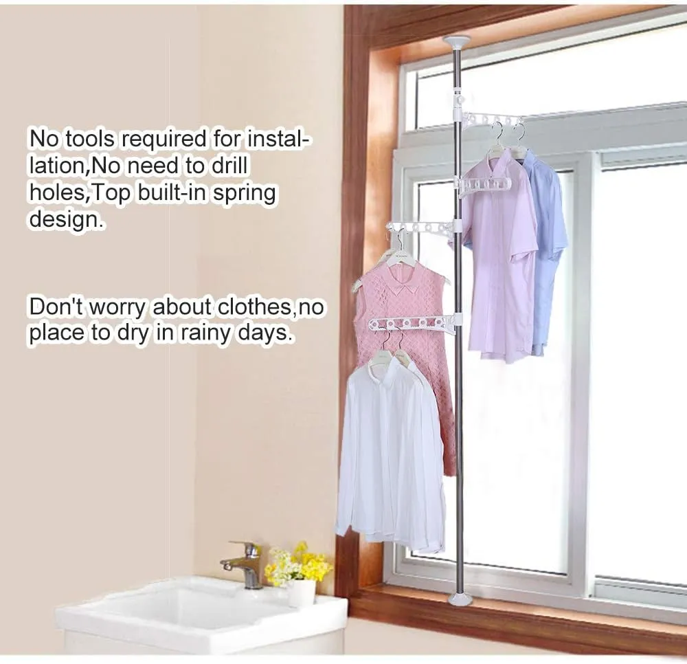 BAOYOUNI 4-Tier Standing Clothes Garment Drying Rack Laundry Coat Storage Rod Organizer Balcony Windowsill Adjustable Metal Corner Plant Hanger Tension Pole Rail Space Saving, Ivory