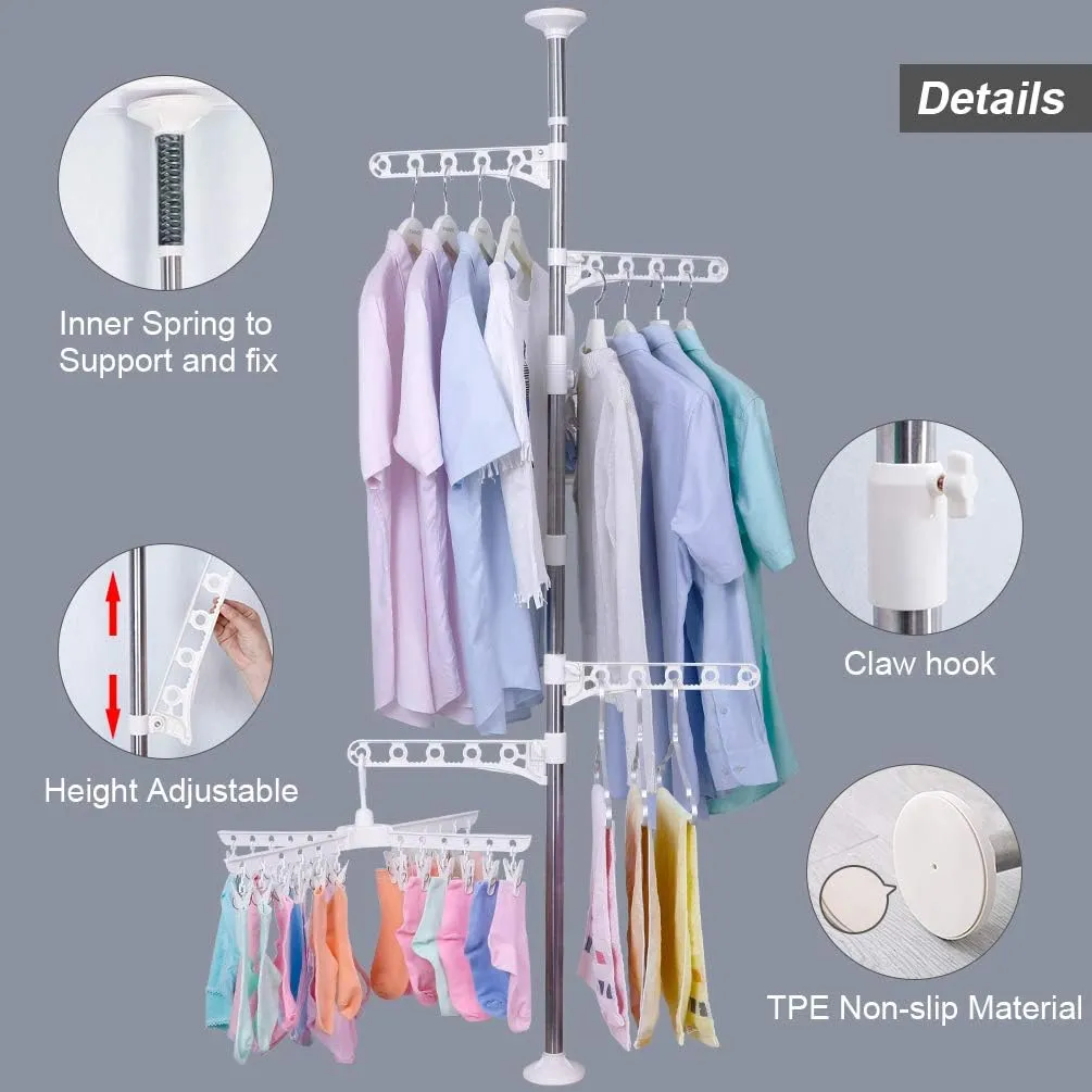 BAOYOUNI 4-Tier Standing Clothes Garment Drying Rack Laundry Coat Storage Rod Organizer Balcony Windowsill Adjustable Metal Corner Plant Hanger Tension Pole Rail Space Saving, Ivory