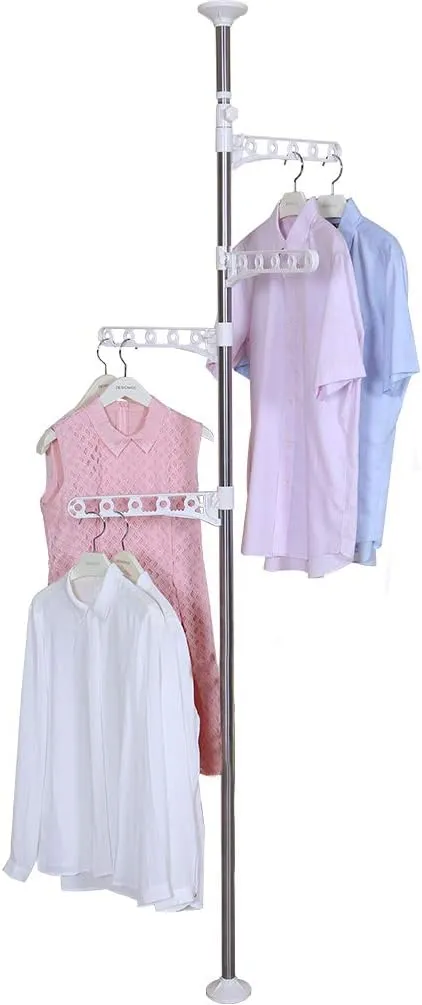 BAOYOUNI 4-Tier Standing Clothes Garment Drying Rack Laundry Coat Storage Rod Organizer Balcony Windowsill Adjustable Metal Corner Plant Hanger Tension Pole Rail Space Saving, Ivory