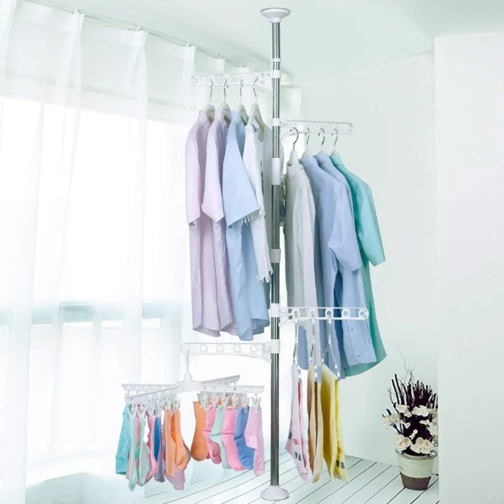 BAOYOUNI 4-Tier Standing Clothes Garment Drying Rack Laundry Coat Storage Rod Organizer Balcony Windowsill Adjustable Metal Corner Plant Hanger Tension Pole Rail Space Saving, Ivory