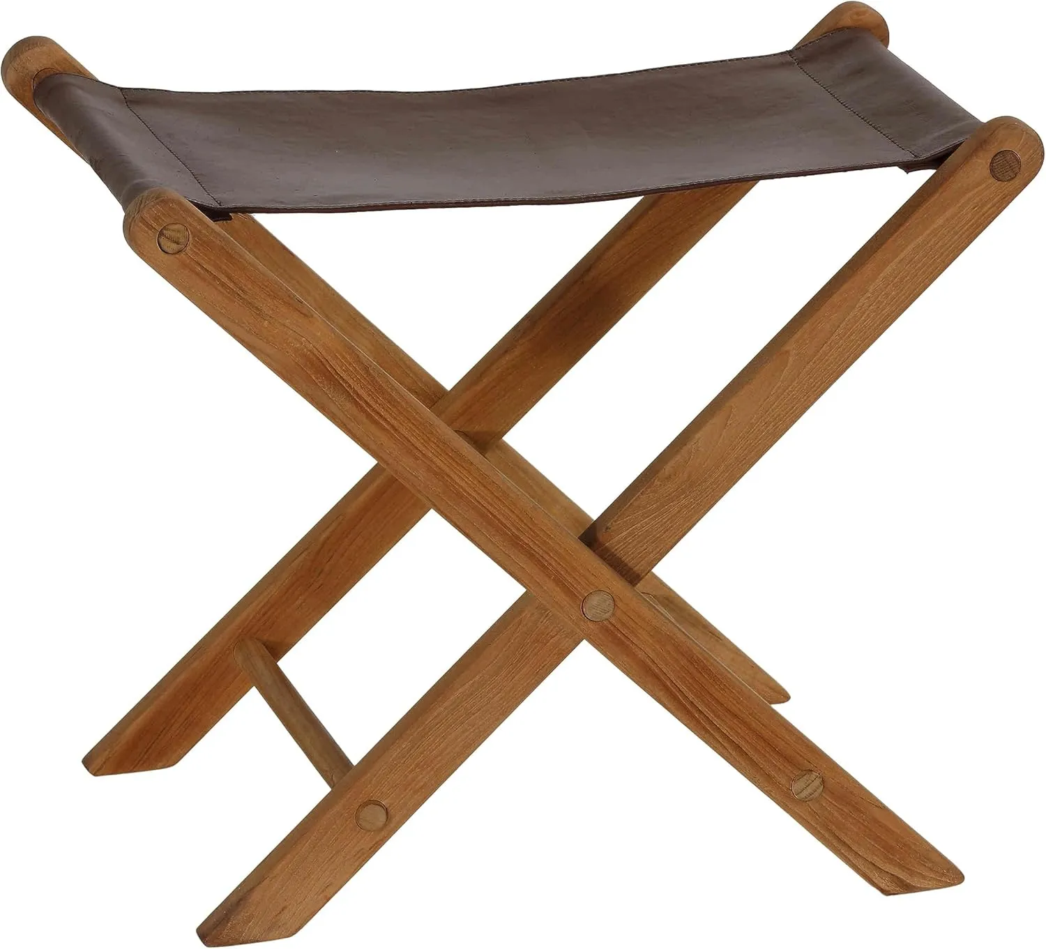 Bare Decor Davie Teak and Leather Folding Accent Stool, 18", Saddle Brown