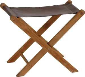 Bare Decor Davie Teak and Leather Folding Accent Stool, 18", Saddle Brown