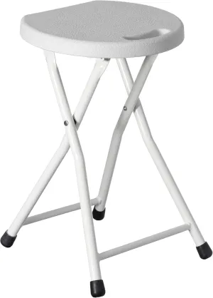 Basicwise Portable Folding Stool with Handle Compact Chair with Non-Slip Feet and Metal Frame Legs for Indoor & Outdoor Use Ideal for Dorm Kitchen Vanity Game Room Garden Porch & Home Bar, White
