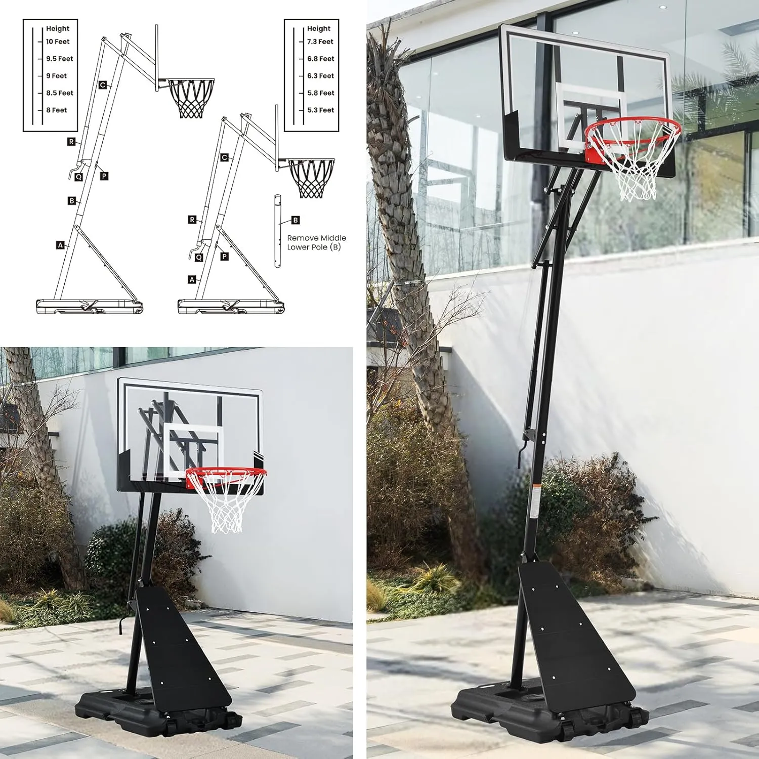 Basketball Hoop 44&48 Inch Backboard Portable Basketball Hoop Outdoor,5.3-10ft Stepless Regulation Crank Adjust Basketball Goal System