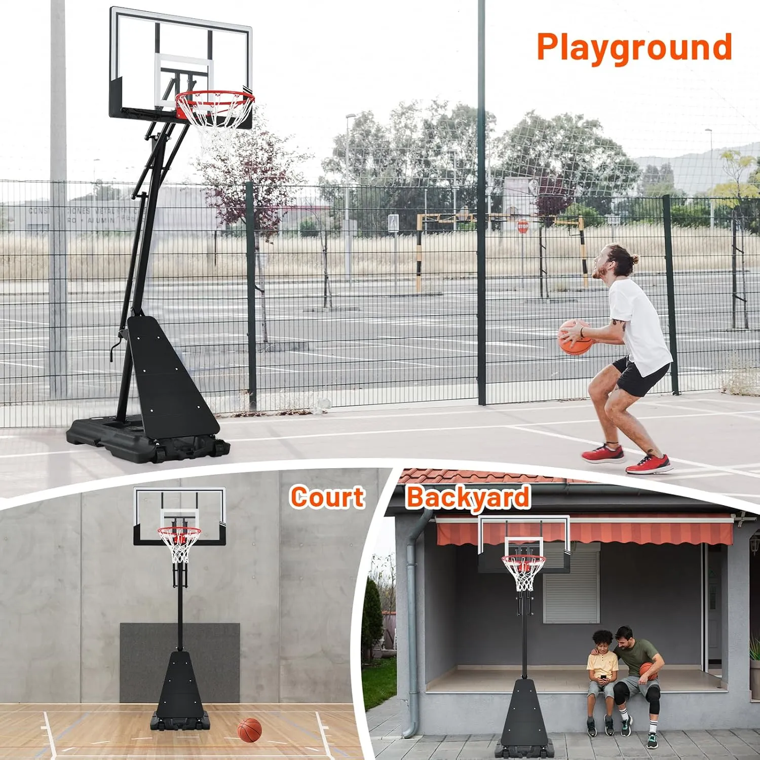 Basketball Hoop 44&48 Inch Backboard Portable Basketball Hoop Outdoor,5.3-10ft Stepless Regulation Crank Adjust Basketball Goal System