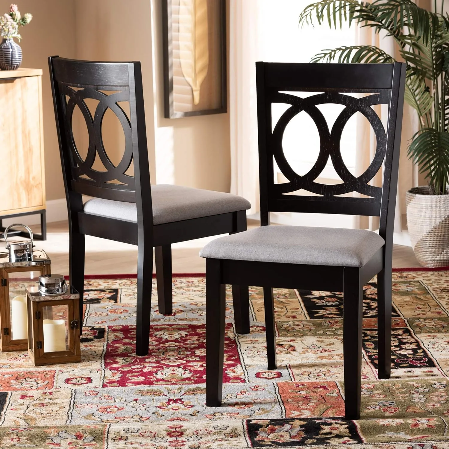 Baxton Studio Barret Dining Chair Set - Grey Fabric Upholstered, Espresso Brown Wooden Frame