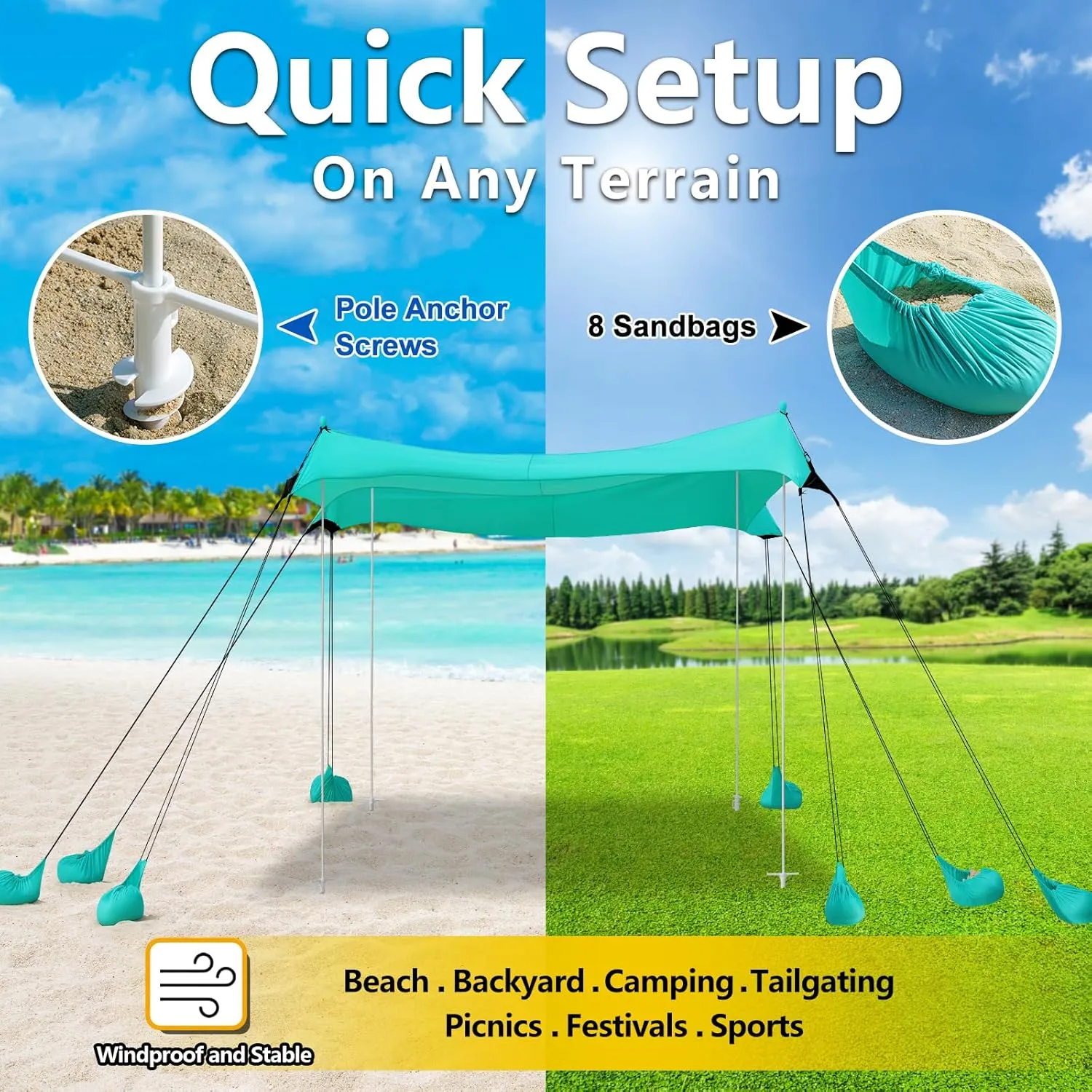 Beach Tent, Camping Tent UPF50  with 8 Sandbags, Beach Essentials for 6-12 Persons, Beach Shade Canopy with Stability Poles and Big Ground Pegs, Pop Up Canopy for Camping, Picnics, 10X10FT Green
