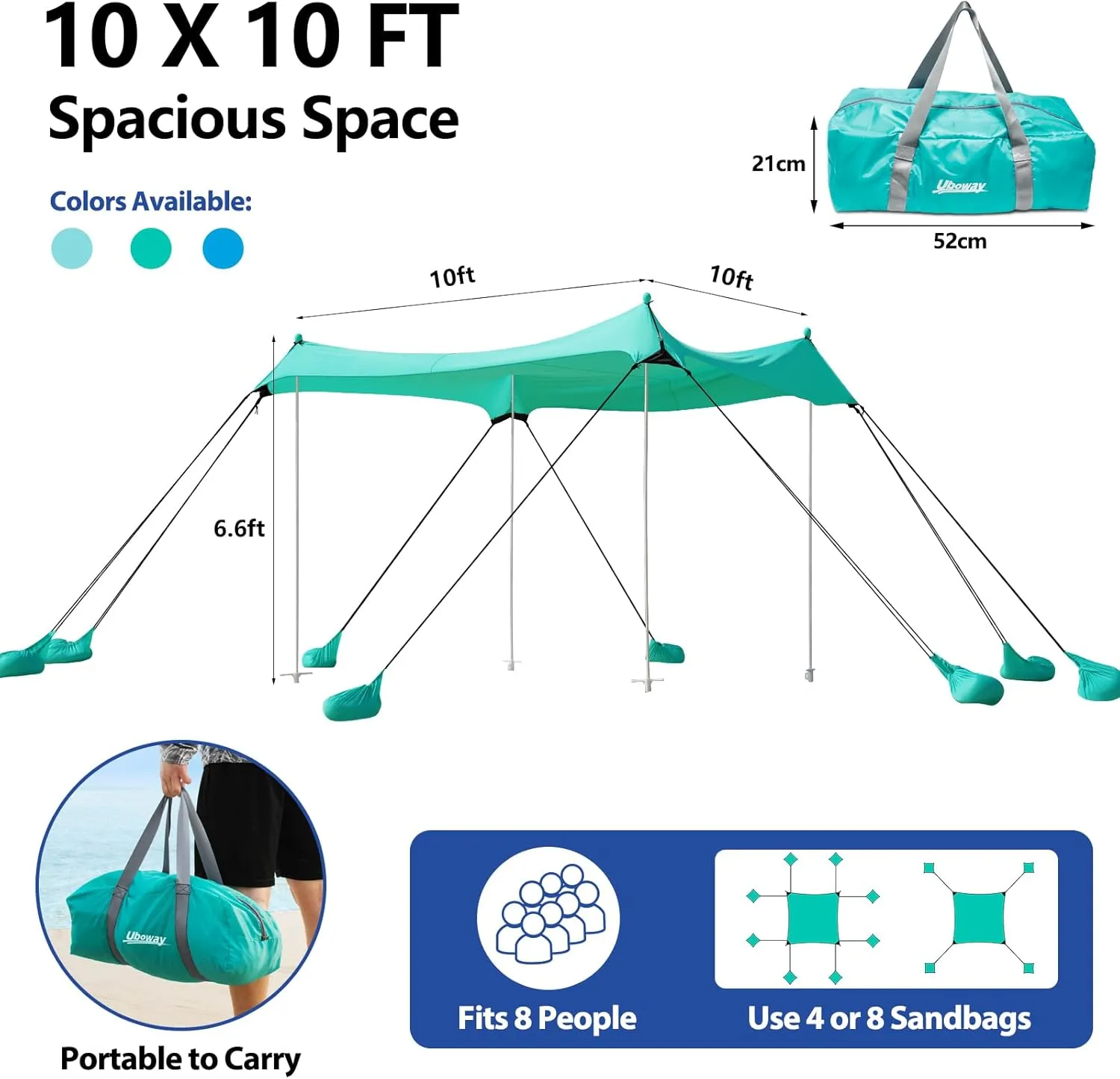 Beach Tent, Camping Tent UPF50  with 8 Sandbags, Beach Essentials for 6-12 Persons, Beach Shade Canopy with Stability Poles and Big Ground Pegs, Pop Up Canopy for Camping, Picnics, 10X10FT Green