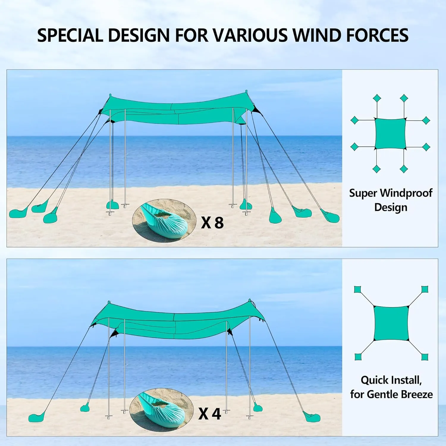 Beach Tent, Camping Tent UPF50  with 8 Sandbags, Beach Essentials for 6-12 Persons, Beach Shade Canopy with Stability Poles and Big Ground Pegs, Pop Up Canopy for Camping, Picnics, 10X10FT Green