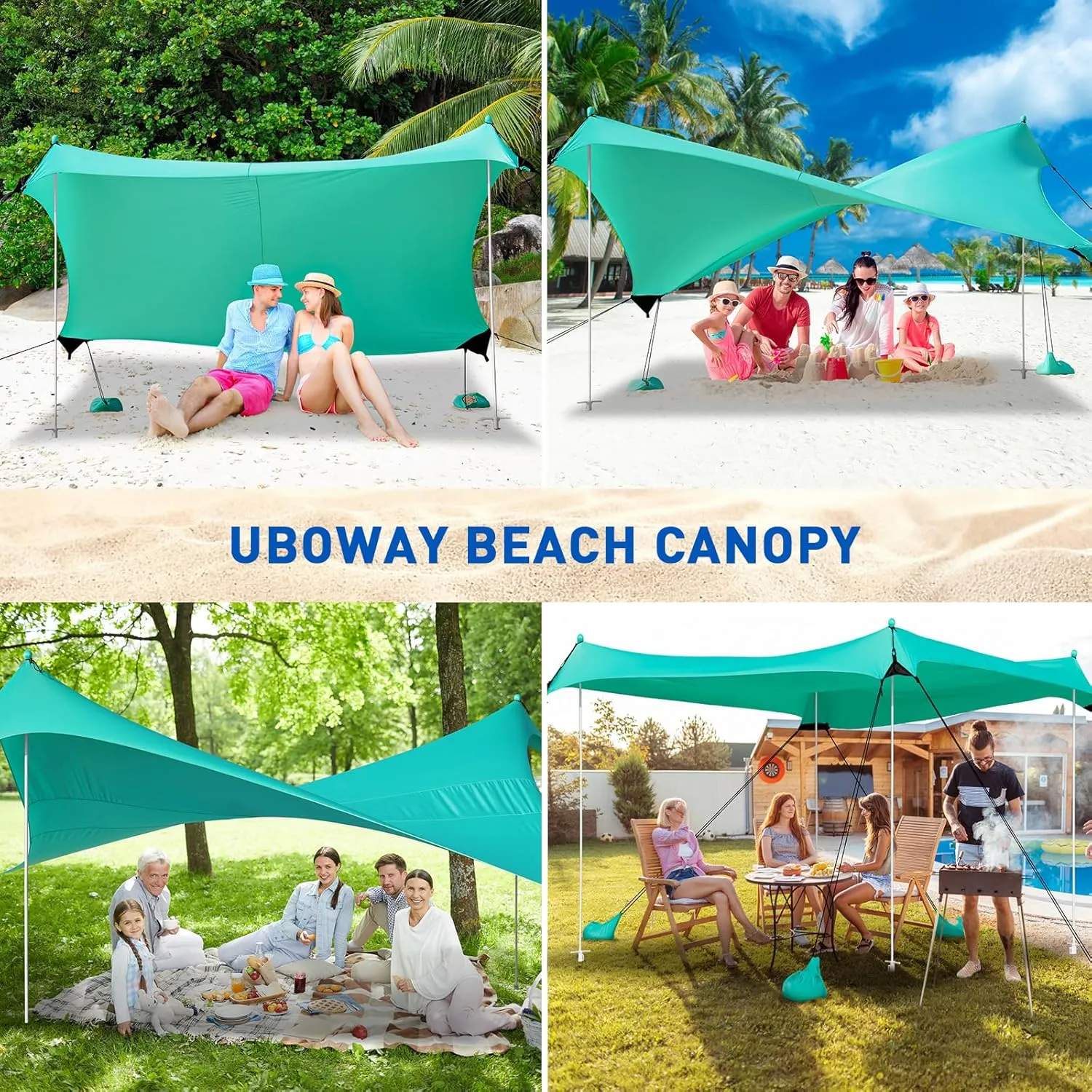 Beach Tent, Camping Tent UPF50  with 8 Sandbags, Beach Essentials for 6-12 Persons, Beach Shade Canopy with Stability Poles and Big Ground Pegs, Pop Up Canopy for Camping, Picnics, 10X10FT Green