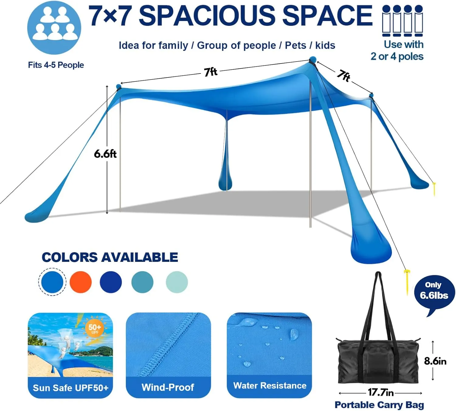 Beach Tent Sun Shelter UPF50  7x7 FT Windproof Pop Up Canopy Shade with Sand Shovel Carrying Bag, Portable Lightweight Outdoor Family Sunshade for Camping Trips Backyard Fishing Picnics