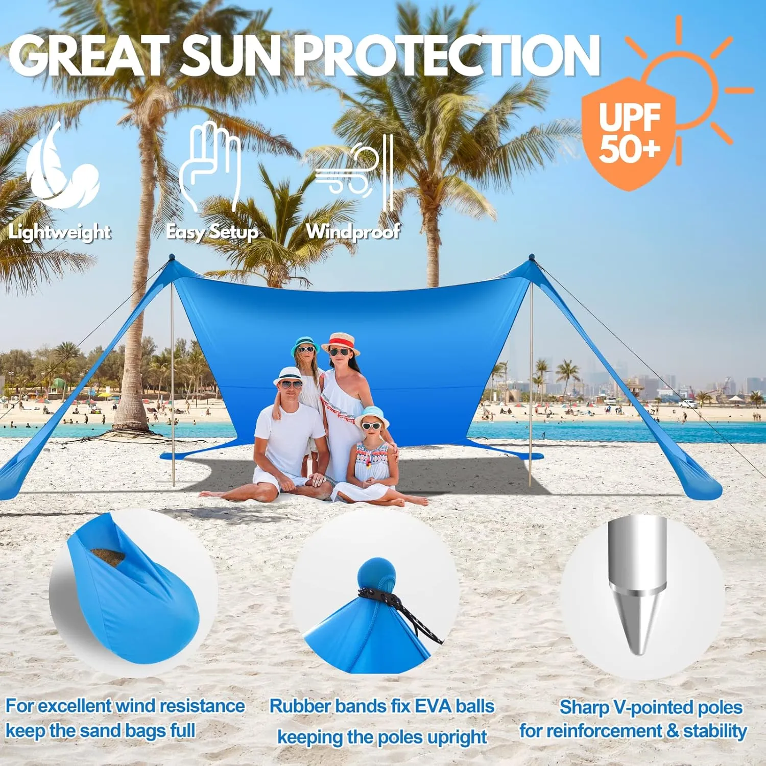 Beach Tent Sun Shelter UPF50  7x7 FT Windproof Pop Up Canopy Shade with Sand Shovel Carrying Bag, Portable Lightweight Outdoor Family Sunshade for Camping Trips Backyard Fishing Picnics