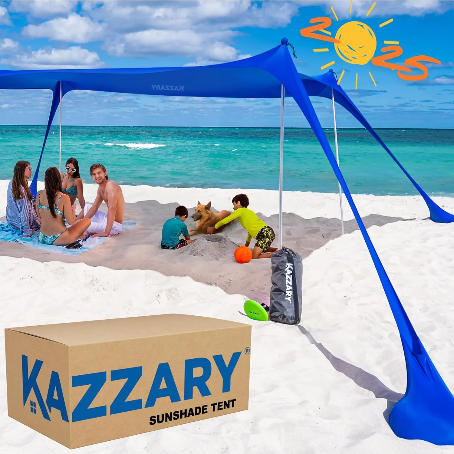 Beach Tent UPF50  Sun Shade Canopy with Sandbags, 4 Stability Poles, Ground Pegs, Flying Disc Sand Shovel, Lightweight Sunshade Shelter, 7ft Tall for Outdoor Trips, Camping and Sports