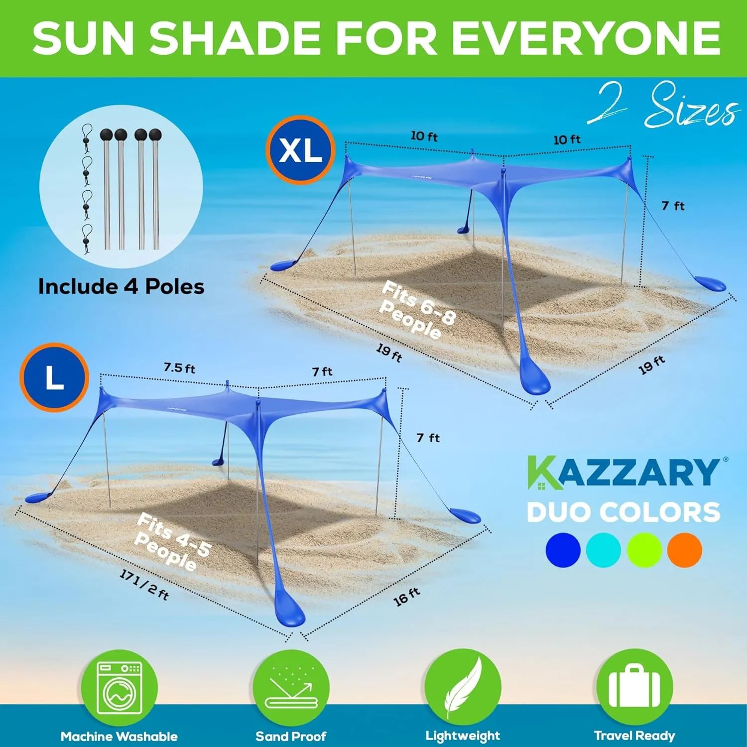 Beach Tent UPF50  Sun Shade Canopy with Sandbags, 4 Stability Poles, Ground Pegs, Flying Disc Sand Shovel, Lightweight Sunshade Shelter, 7ft Tall for Outdoor Trips, Camping and Sports