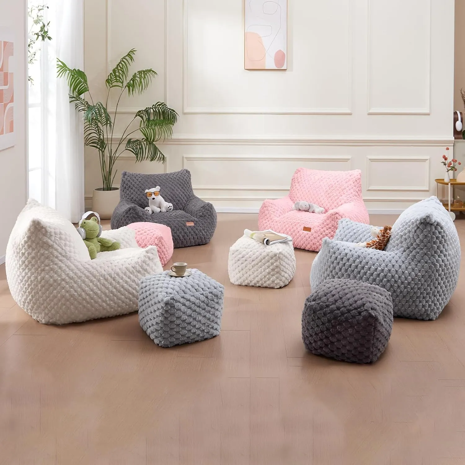 Bean Bag Chair with Ottoman, Modern Giant Bean Bag Couch Sofa with Footstool, Lounge Large Bean Bag Chairs for Adults Teens, Comfy Faux Fur Reading Chair for Bedroom, Living Room
