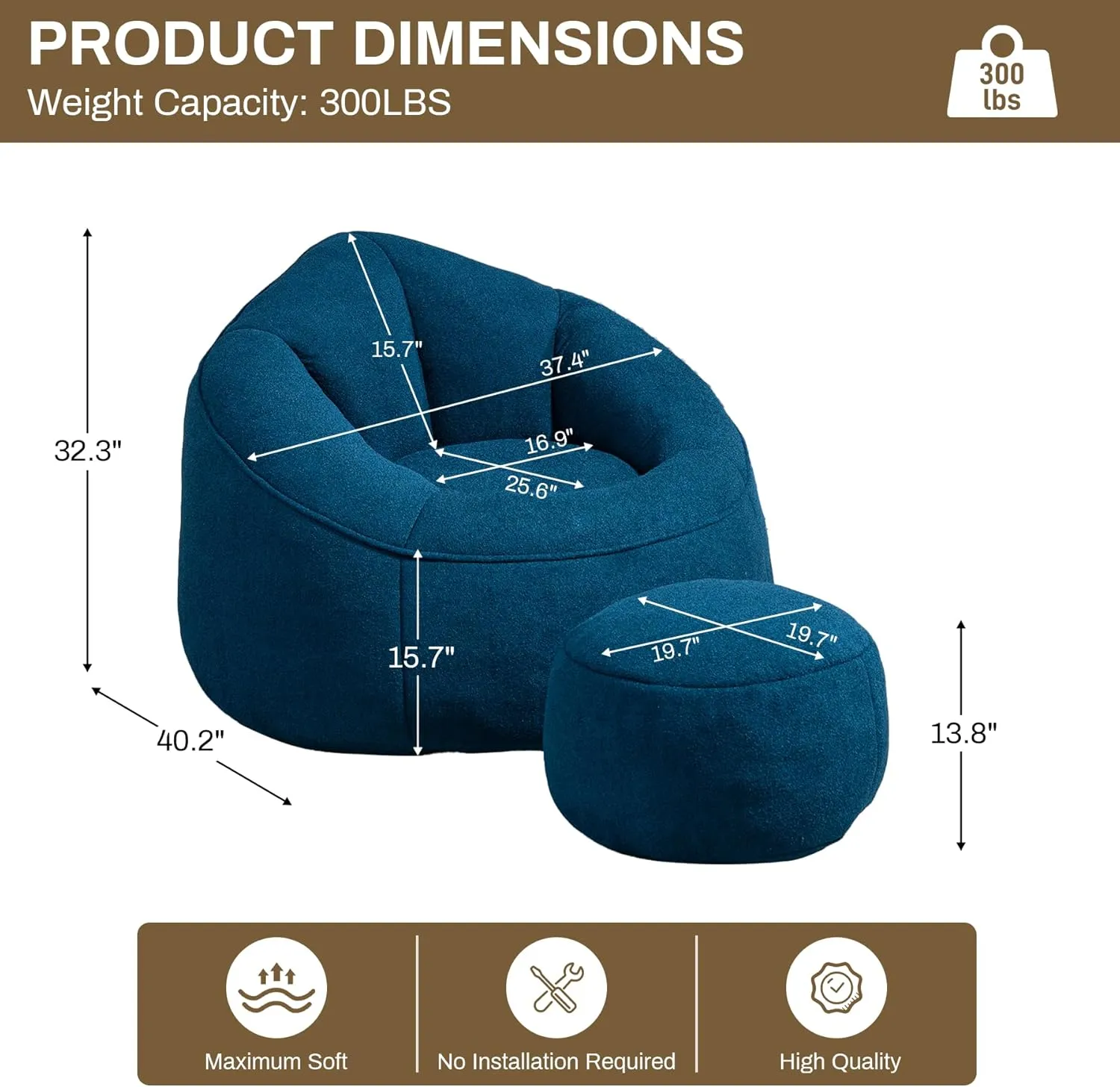 Bean Bag Sofa Chair with Ottoman, Comfy Microfiber Large Lazy Sofa with Footstool, Oversized Upholstered Fluffy Beanbag Chair with Memory Foam Filler for Living Room, Bedroom, Blue