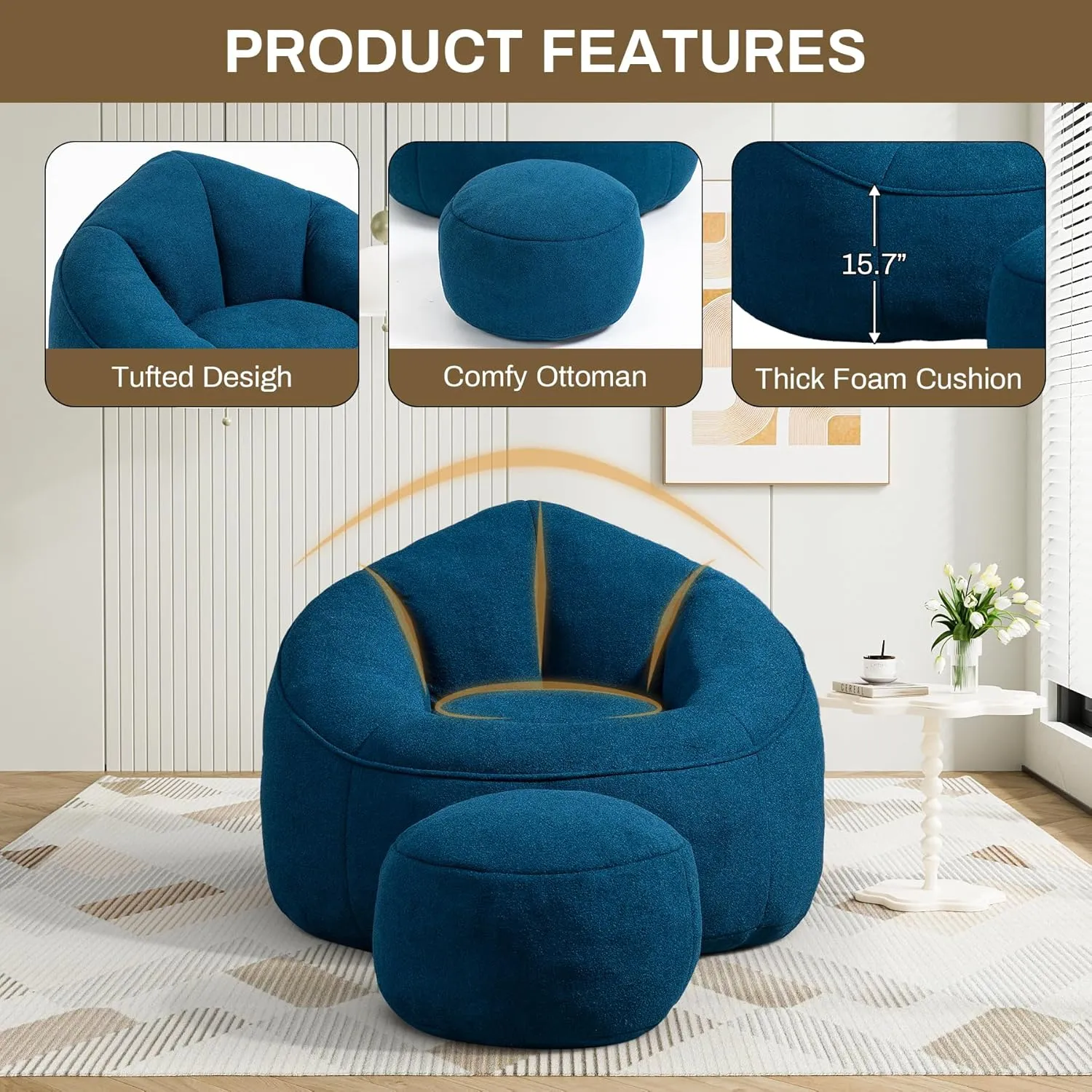 Bean Bag Sofa Chair with Ottoman, Comfy Microfiber Large Lazy Sofa with Footstool, Oversized Upholstered Fluffy Beanbag Chair with Memory Foam Filler for Living Room, Bedroom, Blue
