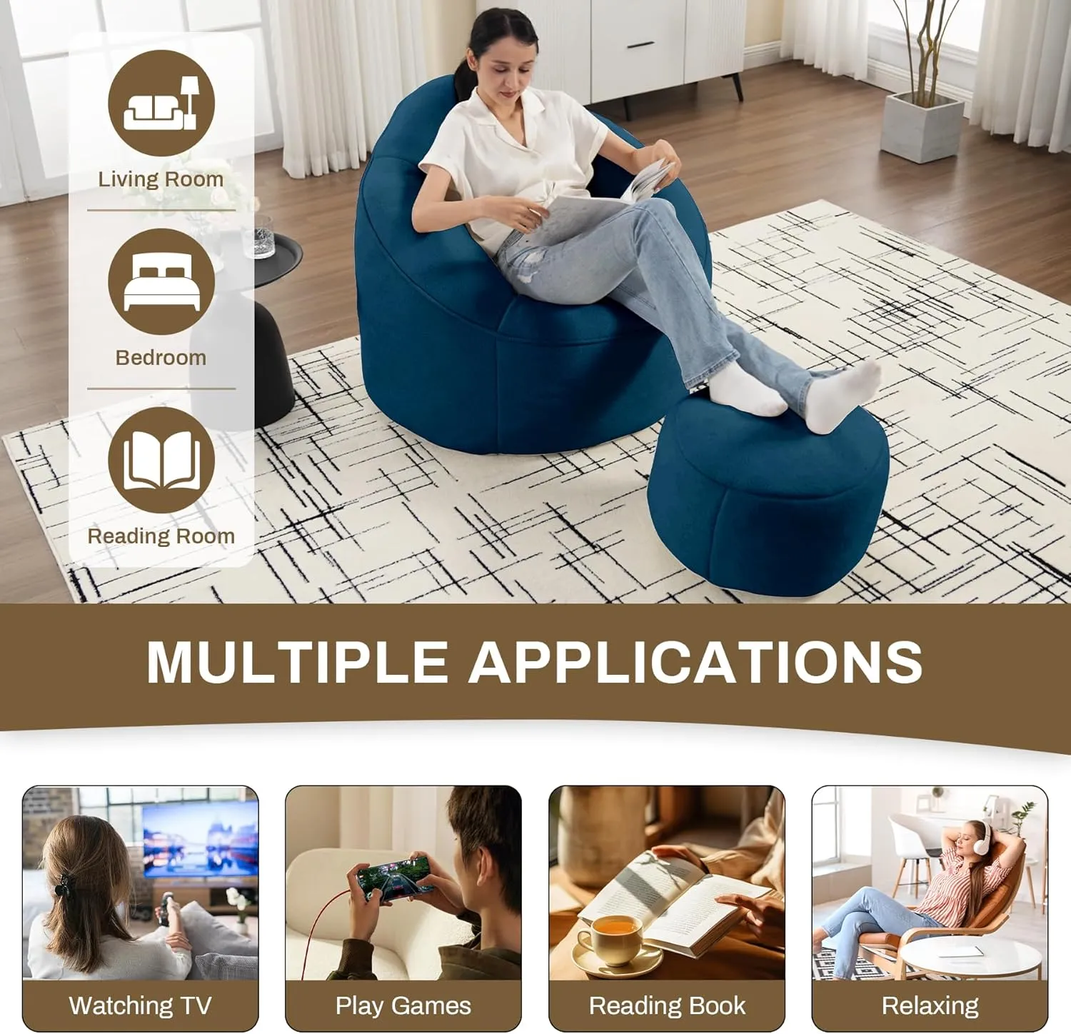 Bean Bag Sofa Chair with Ottoman, Comfy Microfiber Large Lazy Sofa with Footstool, Oversized Upholstered Fluffy Beanbag Chair with Memory Foam Filler for Living Room, Bedroom, Blue