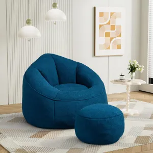 Bean Bag Sofa Chair with Ottoman, Comfy Microfiber Large Lazy Sofa with Footstool, Oversized Upholstered Fluffy Beanbag Chair with Memory Foam Filler for Living Room, Bedroom, Blue