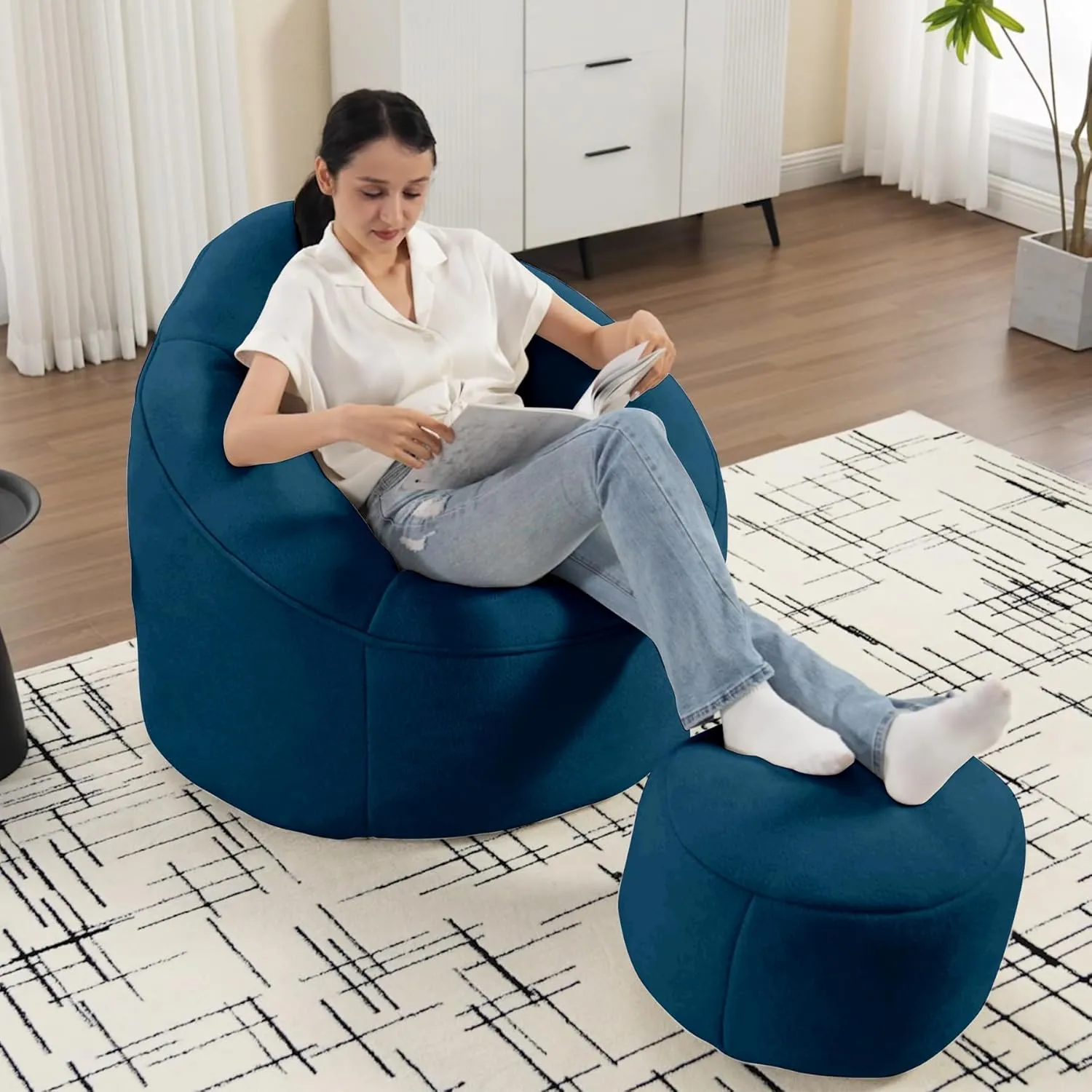 Bean Bag Sofa Chair with Ottoman, Comfy Microfiber Large Lazy Sofa with Footstool, Oversized Upholstered Fluffy Beanbag Chair with Memory Foam Filler for Living Room, Bedroom, Blue