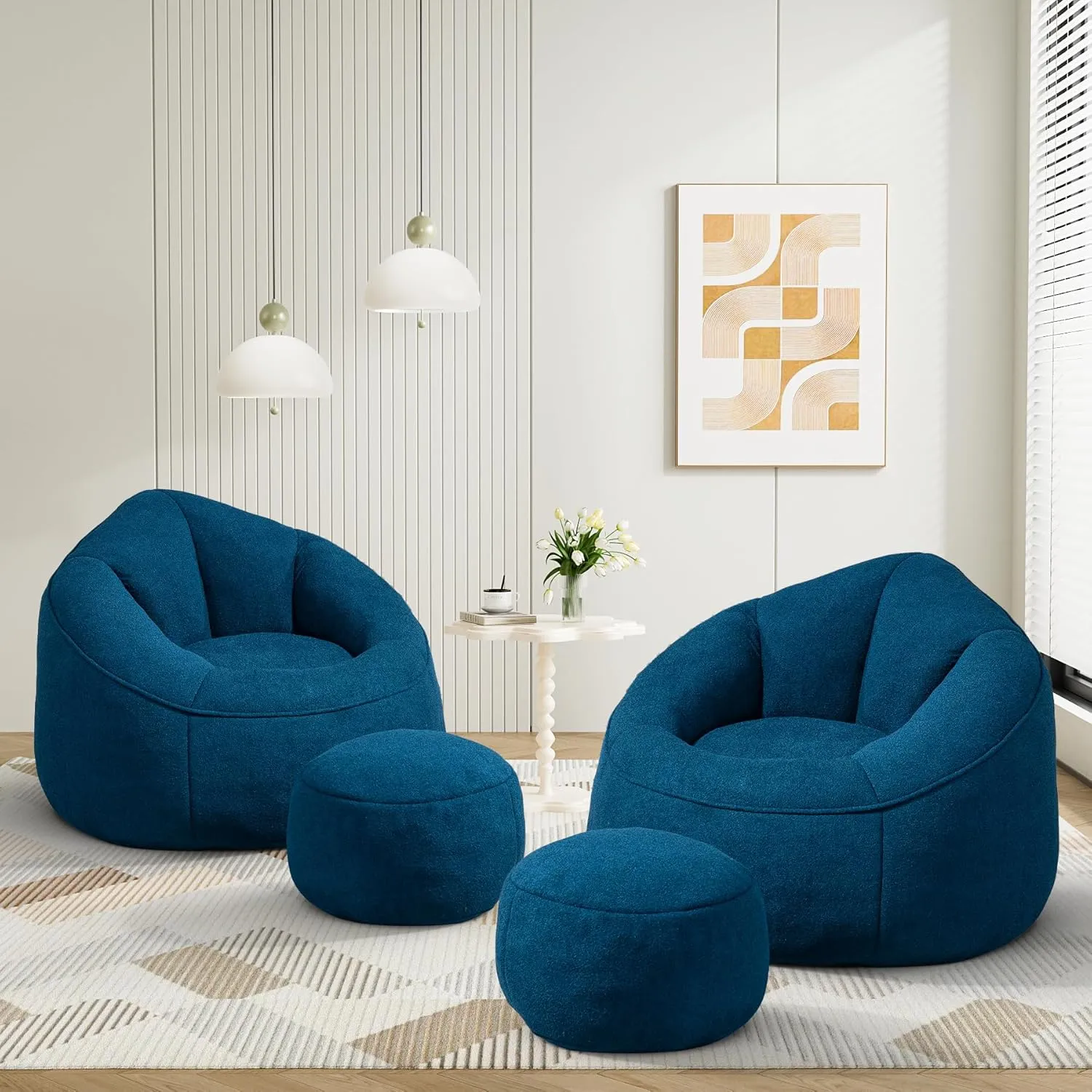 Bean Bag Sofa Chair with Ottoman, Comfy Microfiber Large Lazy Sofa with Footstool, Oversized Upholstered Fluffy Beanbag Chair with Memory Foam Filler for Living Room, Bedroom, Blue