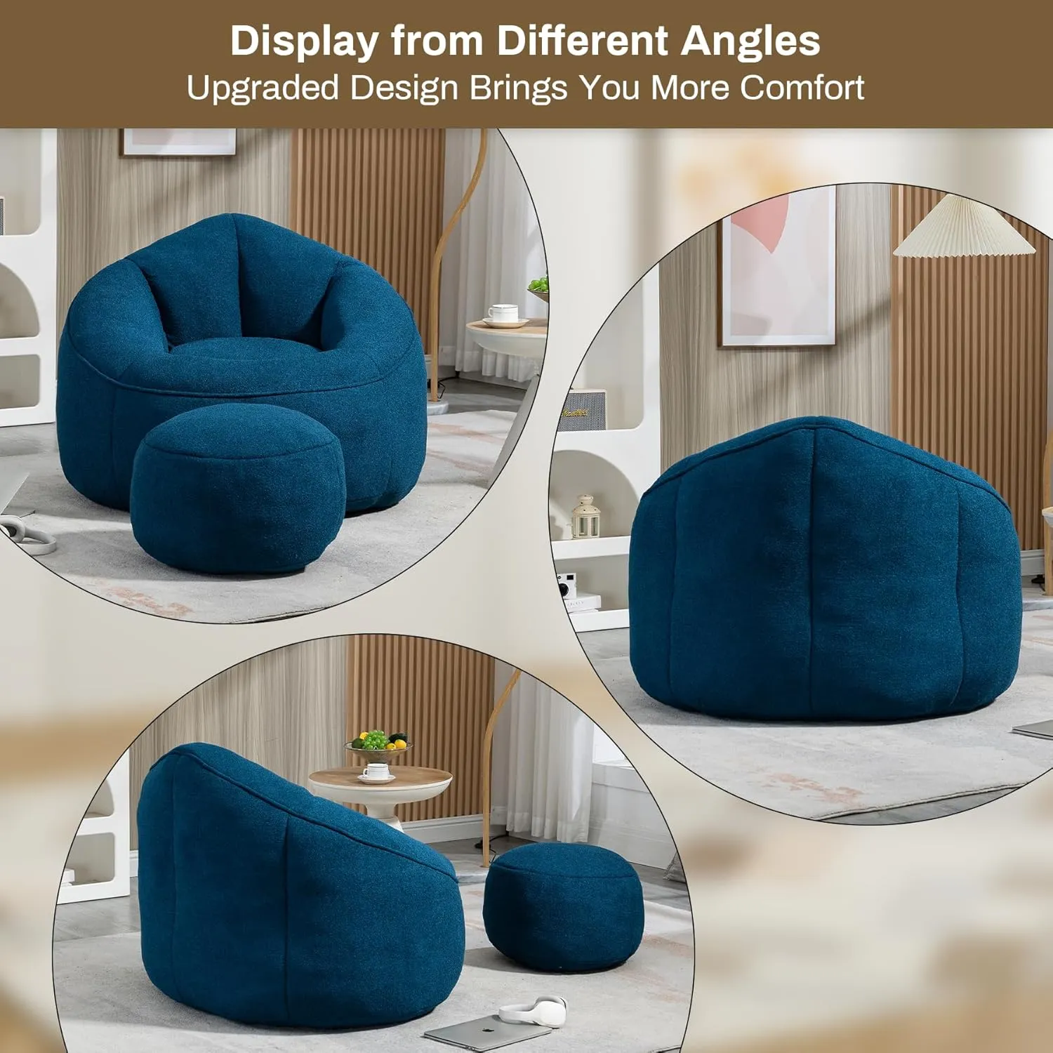 Bean Bag Sofa Chair with Ottoman, Comfy Microfiber Large Lazy Sofa with Footstool, Oversized Upholstered Fluffy Beanbag Chair with Memory Foam Filler for Living Room, Bedroom, Blue