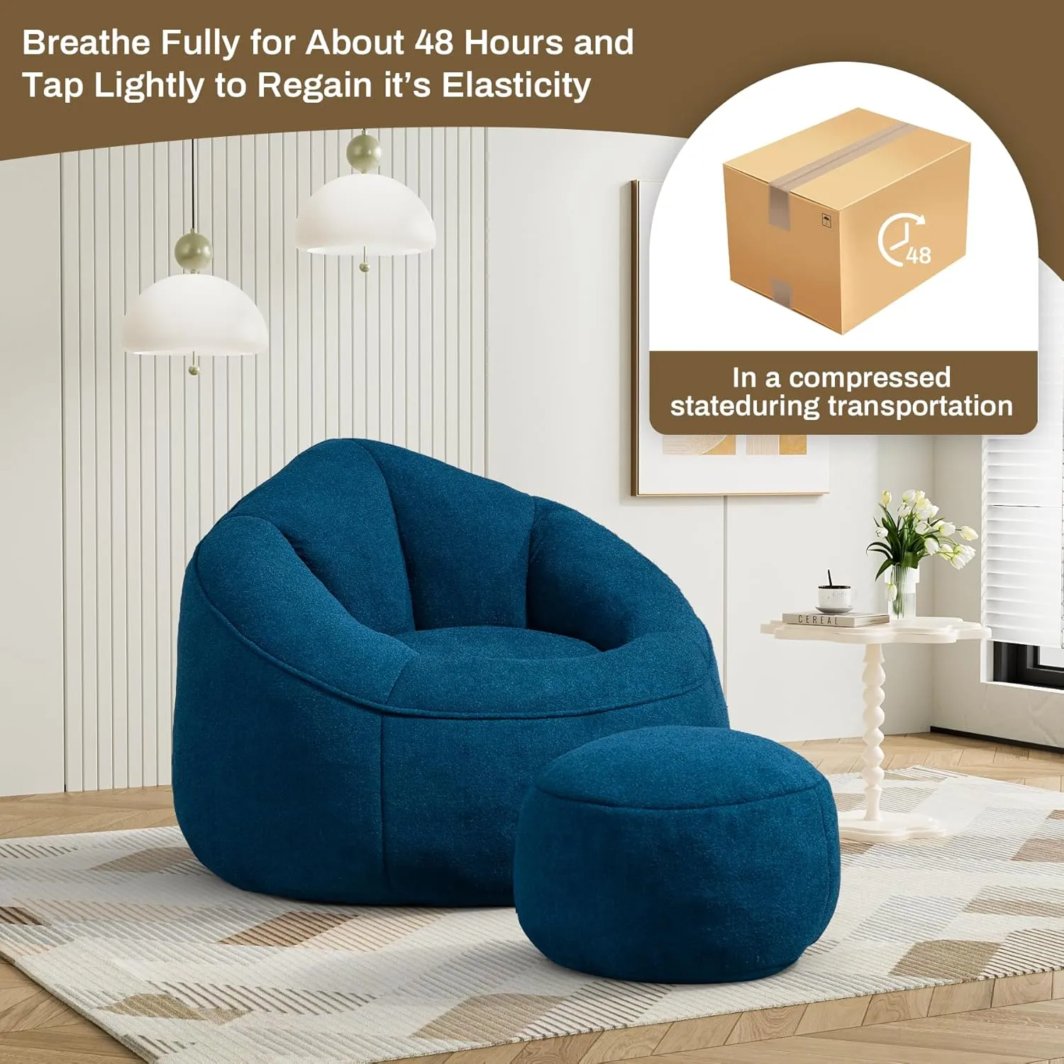 Bean Bag Sofa Chair with Ottoman, Comfy Microfiber Large Lazy Sofa with Footstool, Oversized Upholstered Fluffy Beanbag Chair with Memory Foam Filler for Living Room, Bedroom, Blue