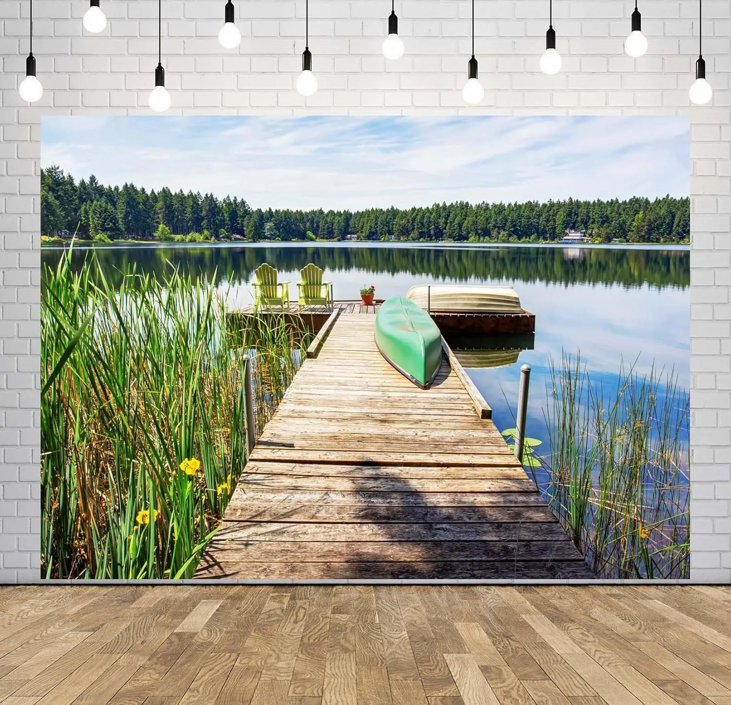 BELECO 10x8ft Fabric Lakeside Wooden Pier Fishing Backdrop Forest Lake Canoe Boat Fishing Boat Gone Fishing Background Fishing Theme Party Decorations Studio Booth Photoshoot Props