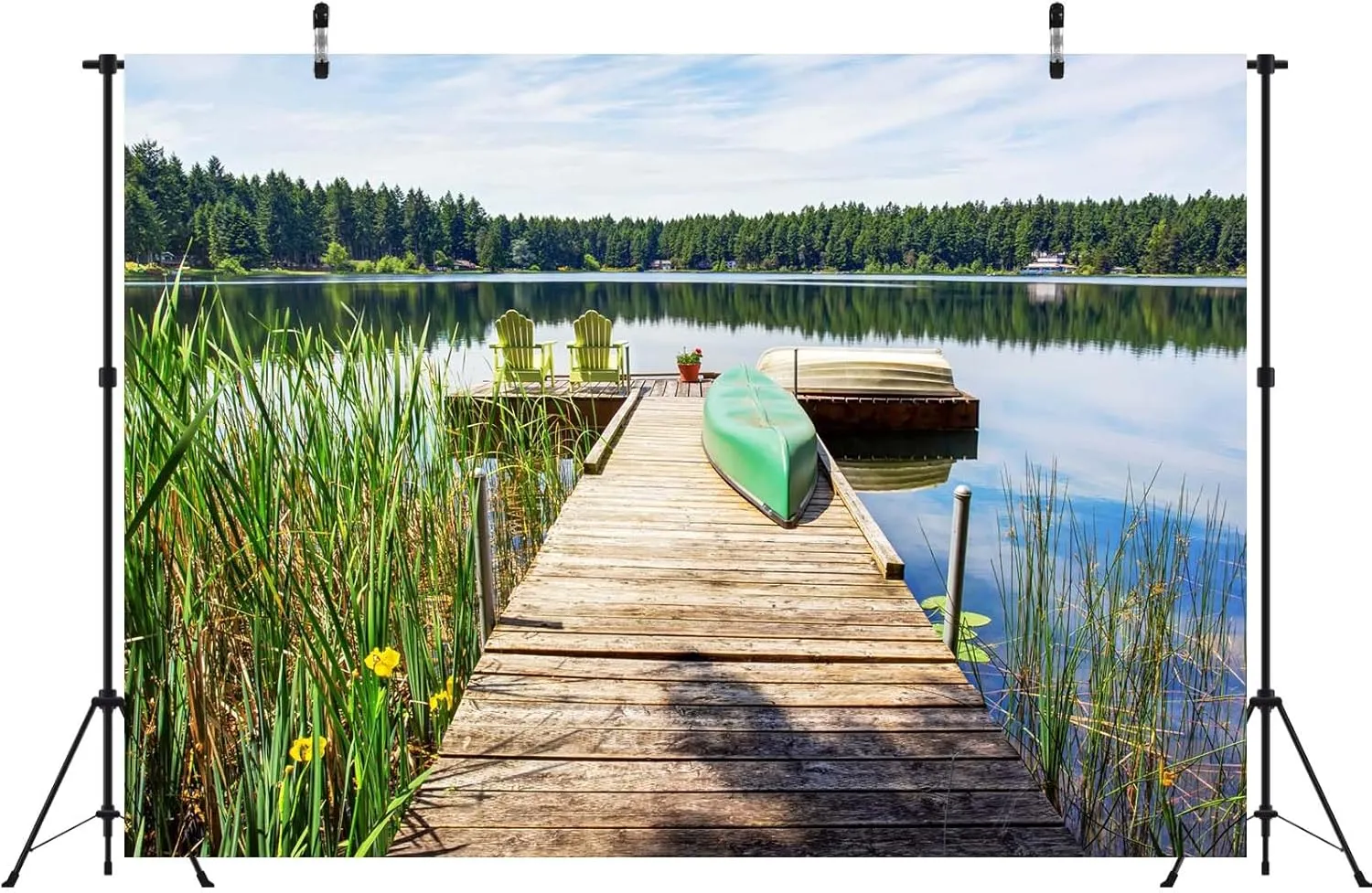 BELECO 10x8ft Fabric Lakeside Wooden Pier Fishing Backdrop Forest Lake Canoe Boat Fishing Boat Gone Fishing Background Fishing Theme Party Decorations Studio Booth Photoshoot Props