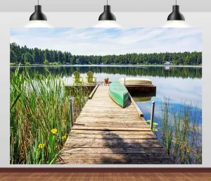 BELECO 10x8ft Fabric Lakeside Wooden Pier Fishing Backdrop Forest Lake Canoe Boat Fishing Boat Gone Fishing Background Fishing Theme Party Decorations Studio Booth Photoshoot Props
