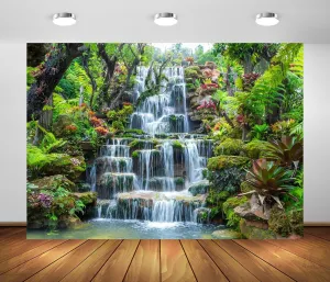 BELECO 7x5ft Fabric Garden Waterfall Backdrop Mountain Rocks Flowing Water Lake River Green Forest Trees Nature Background Home Wall Decor Photo Booth Shoot Studio Props