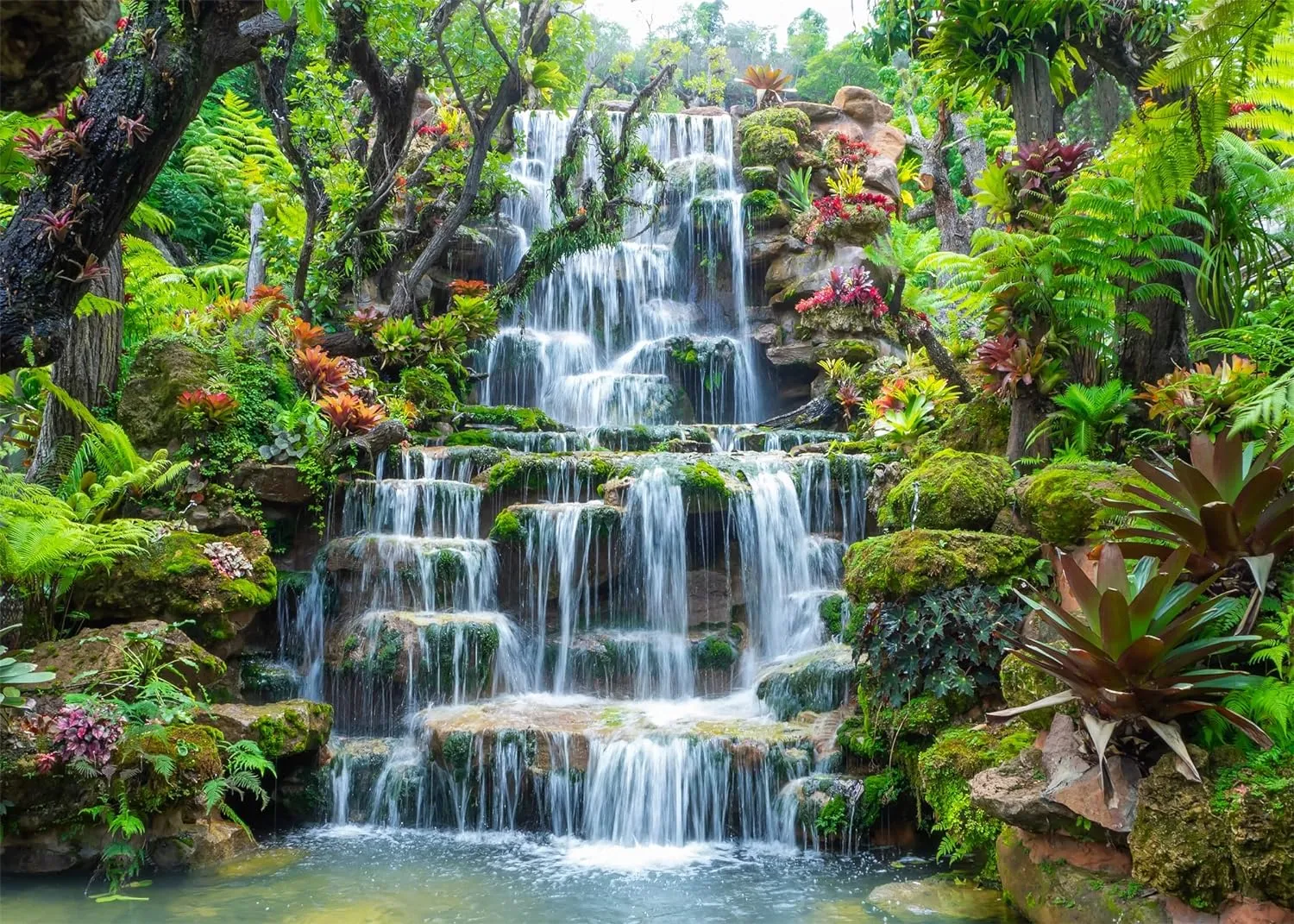 BELECO 7x5ft Fabric Garden Waterfall Backdrop Mountain Rocks Flowing Water Lake River Green Forest Trees Nature Background Home Wall Decor Photo Booth Shoot Studio Props