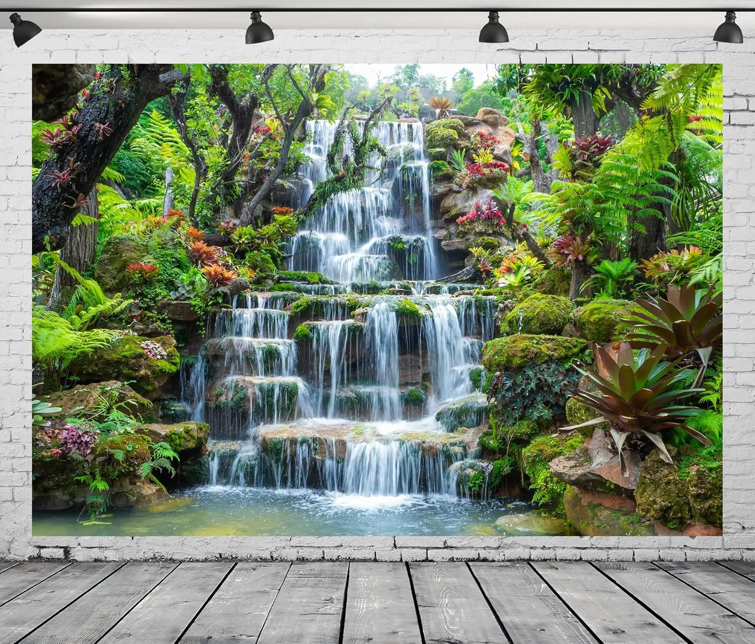 BELECO 7x5ft Fabric Garden Waterfall Backdrop Mountain Rocks Flowing Water Lake River Green Forest Trees Nature Background Home Wall Decor Photo Booth Shoot Studio Props