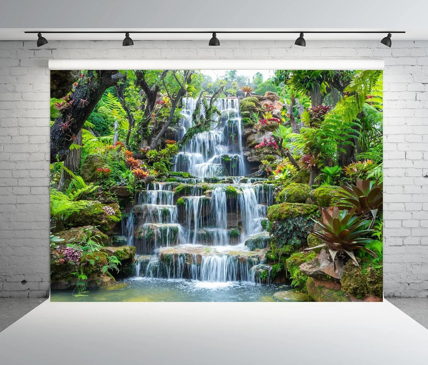 BELECO 7x5ft Fabric Garden Waterfall Backdrop Mountain Rocks Flowing Water Lake River Green Forest Trees Nature Background Home Wall Decor Photo Booth Shoot Studio Props