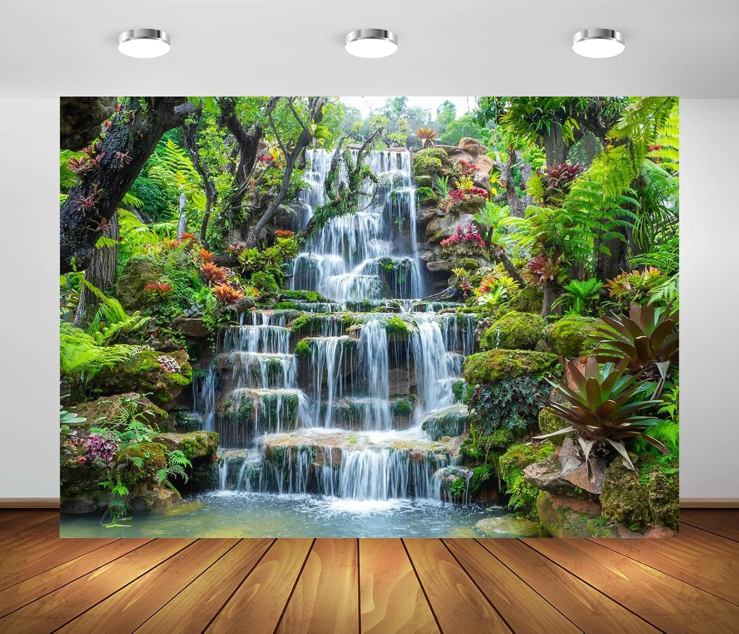 BELECO 7x5ft Fabric Garden Waterfall Backdrop Mountain Rocks Flowing Water Lake River Green Forest Trees Nature Background Home Wall Decor Photo Booth Shoot Studio Props
