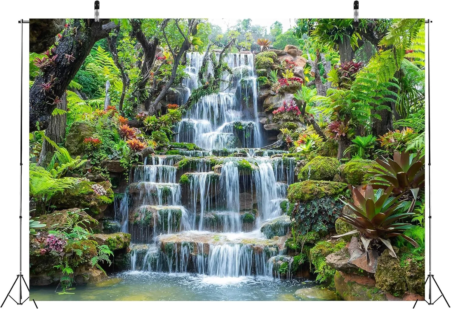 BELECO 7x5ft Fabric Garden Waterfall Backdrop Mountain Rocks Flowing Water Lake River Green Forest Trees Nature Background Home Wall Decor Photo Booth Shoot Studio Props