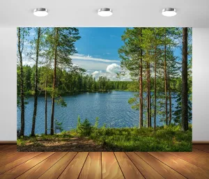 BELECO 8x6ft Fabric Forest Lake Backdrop Nature Park Lakeside Green Trees Scenery Background Spring Summer Outdoor Camping Hiking Decoration Kid Adult Artistic Portrait Photo Studio Props